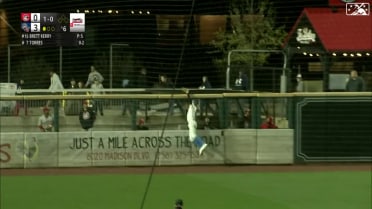 Aaron Whitefield makes a leaping catch at the wall