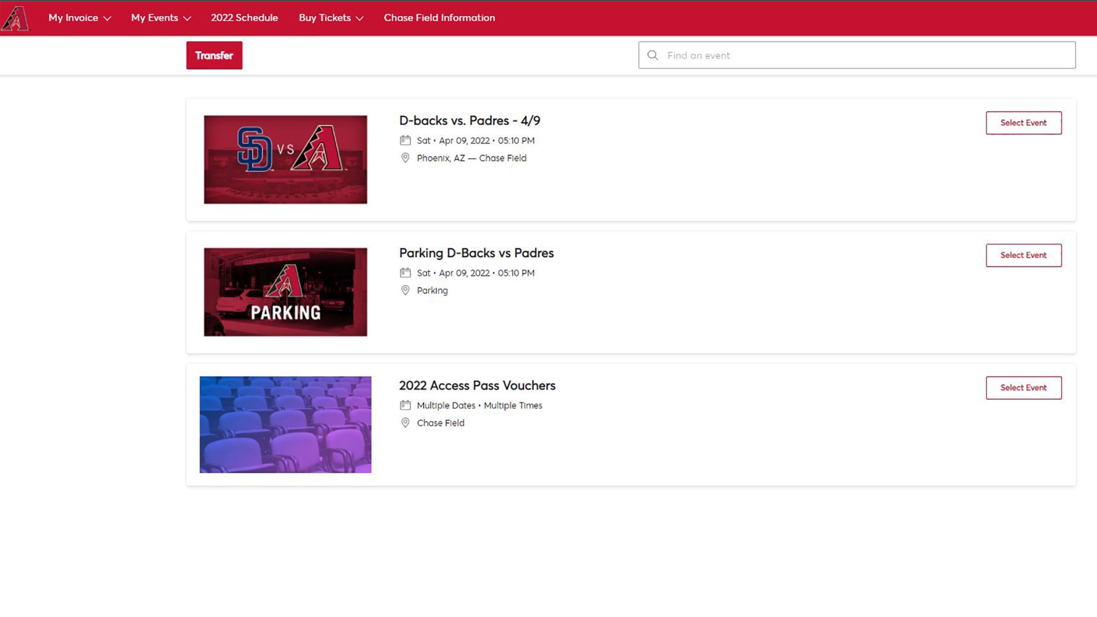 "Select Event" for Access Pass