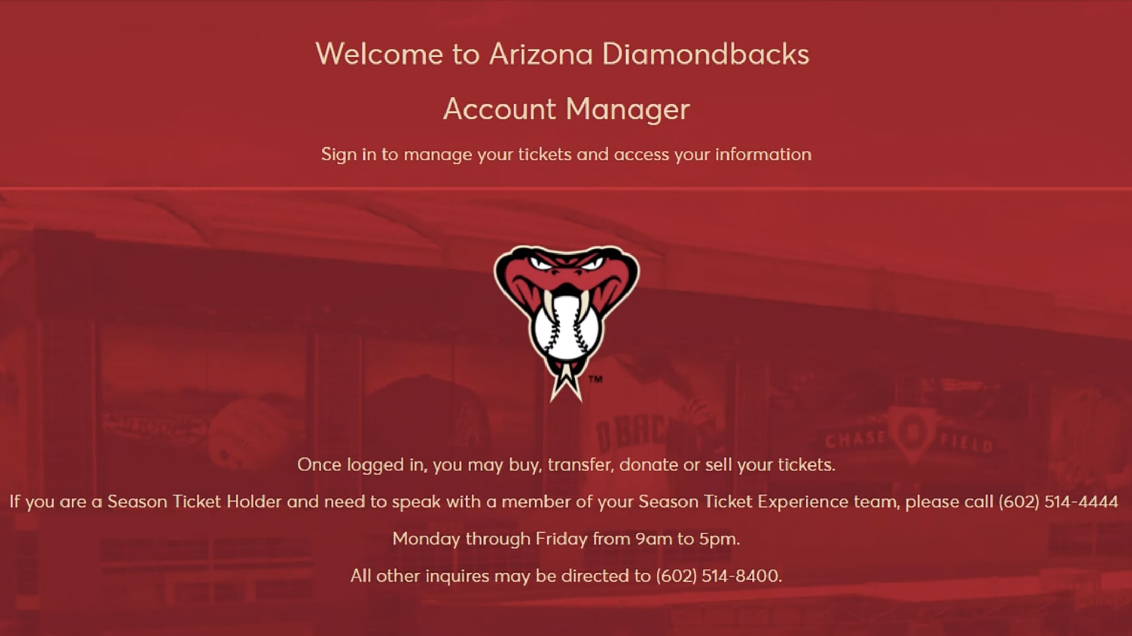 Welcome to Arizona Diamondbacks Account Manager screen