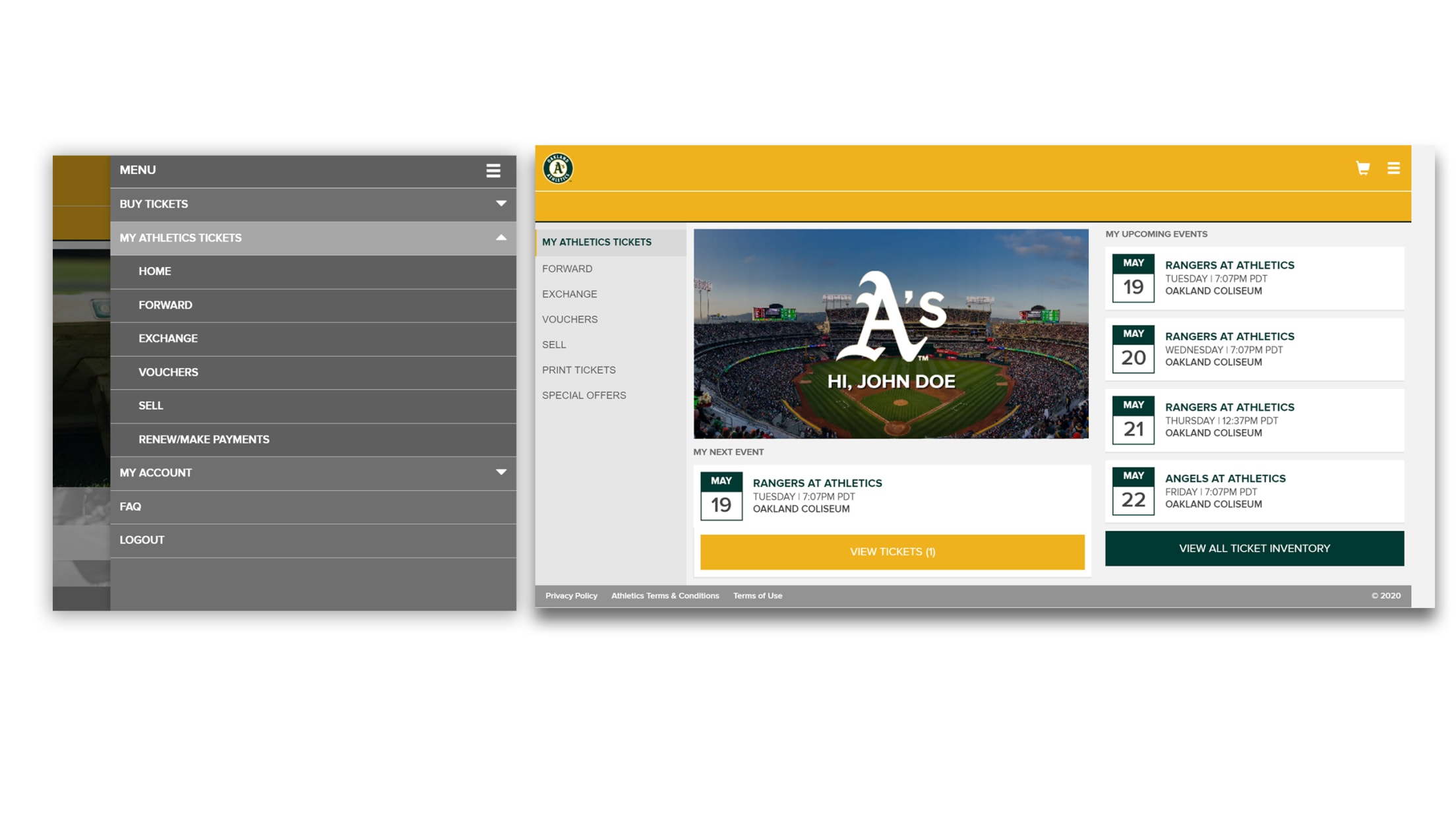 First, log in to My A's Tickets and select the menu icon on mobile or select the FORWARD tab in the left rail of a Desktop view.