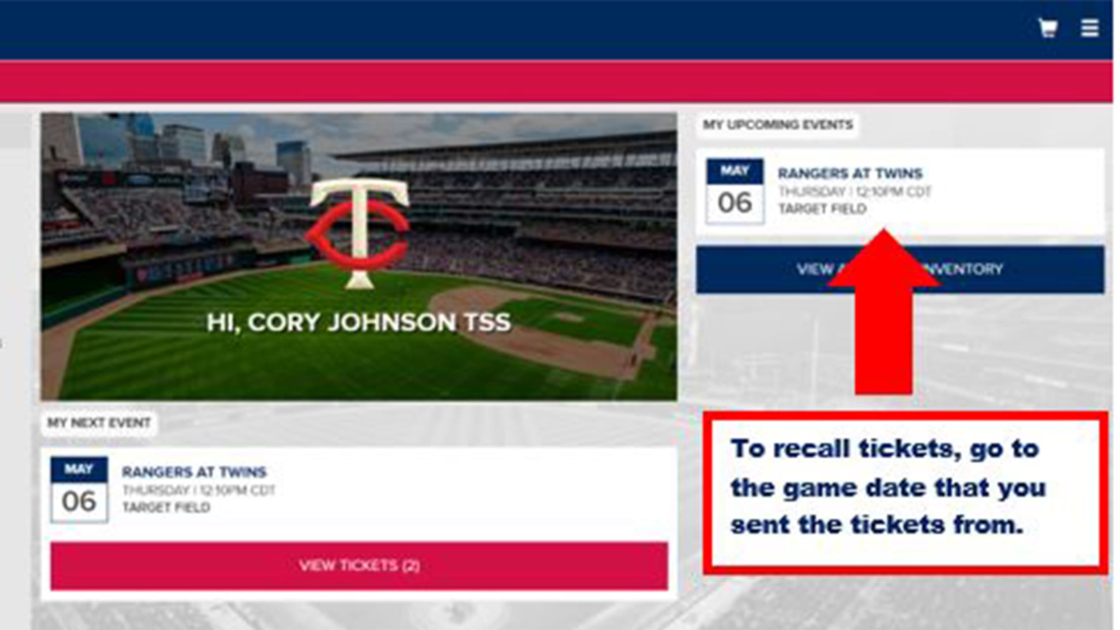 To recall tickets, go to the game date that you sent tickets from.