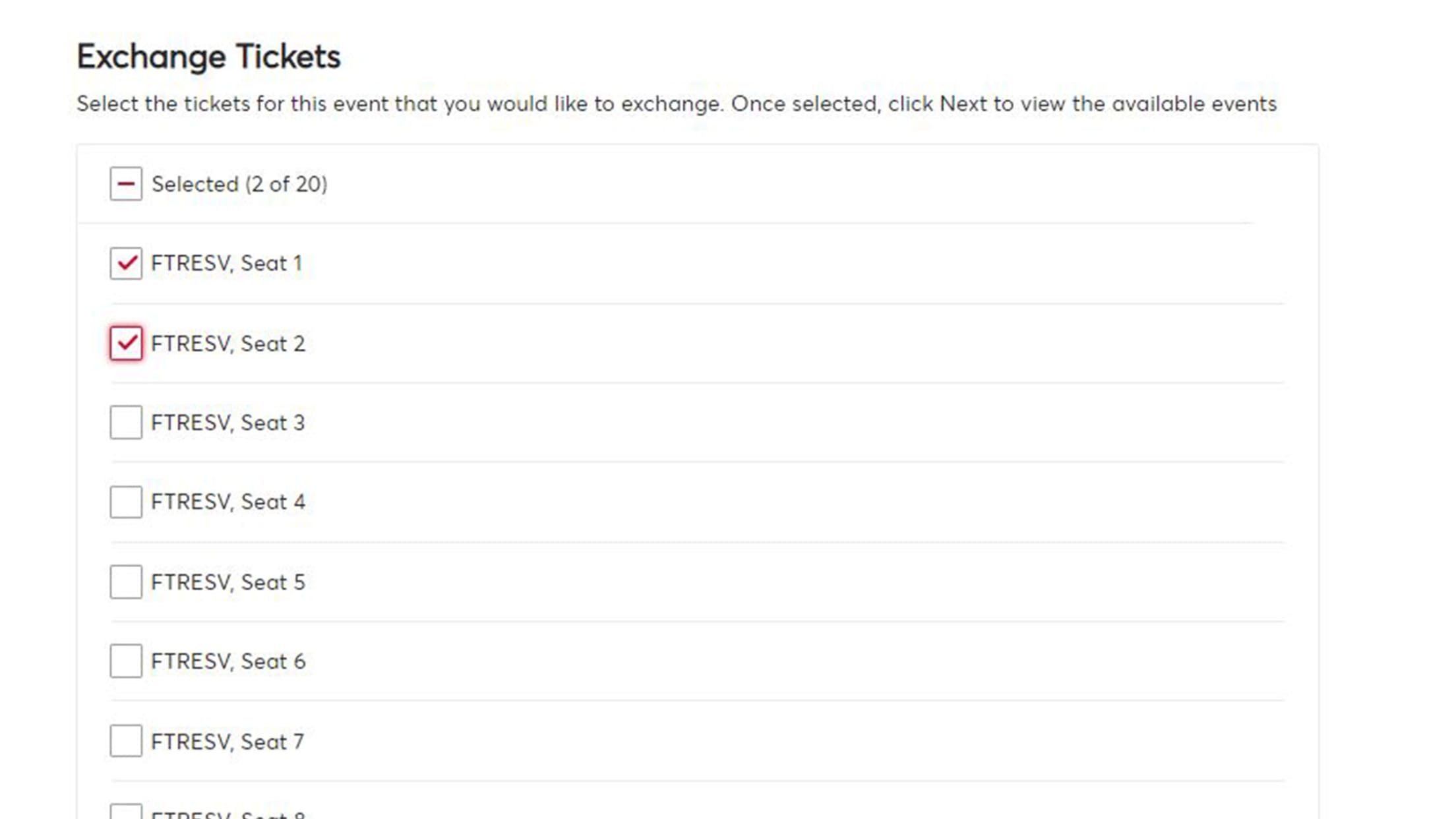 Select the tickets for this event that you would like to exchange.