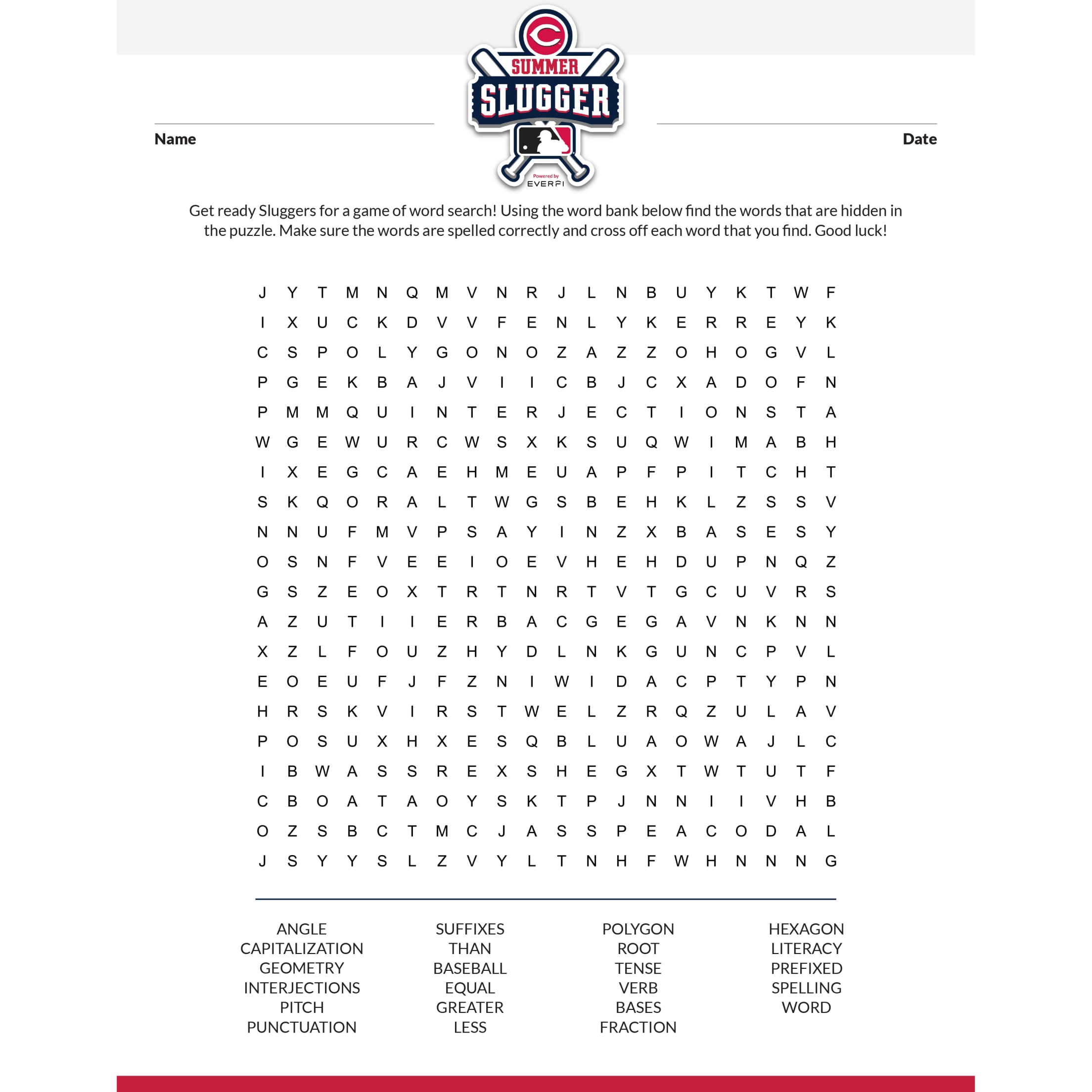 Summer Slugger Word Bank