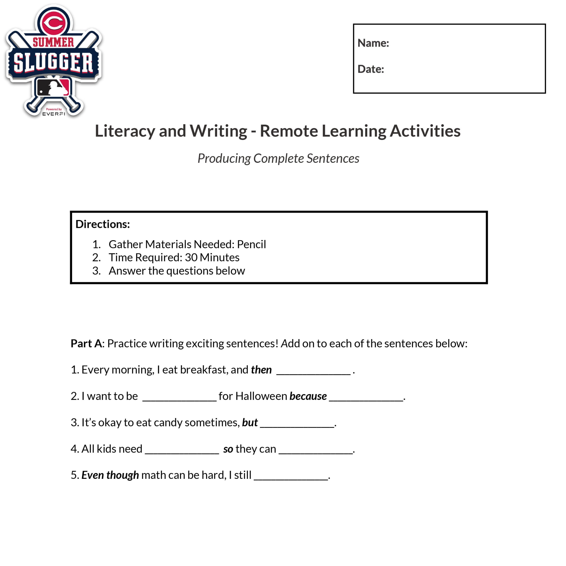 Literacy and Writing - Remote Learning Activities