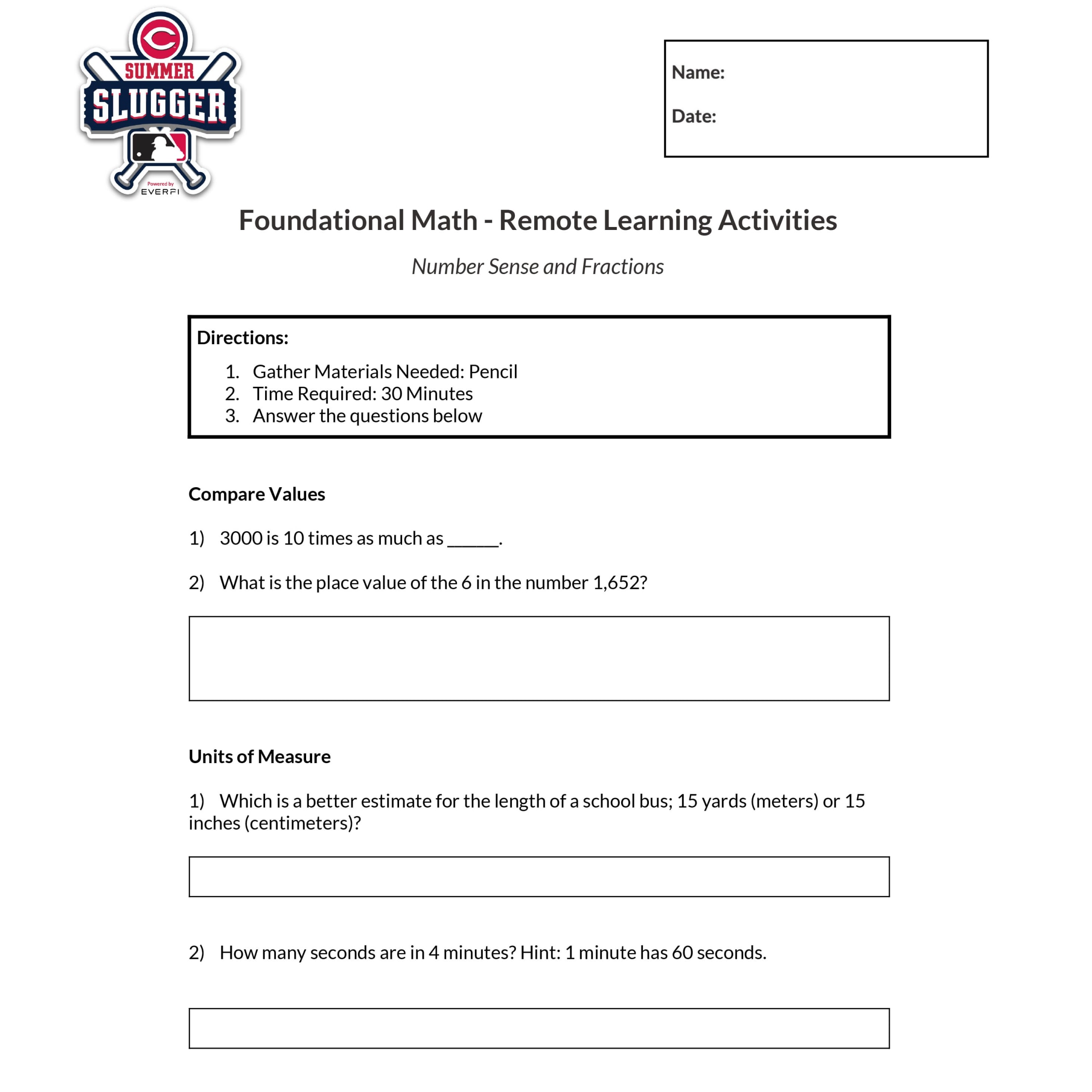 Foundational Math - Remote Learning Activities