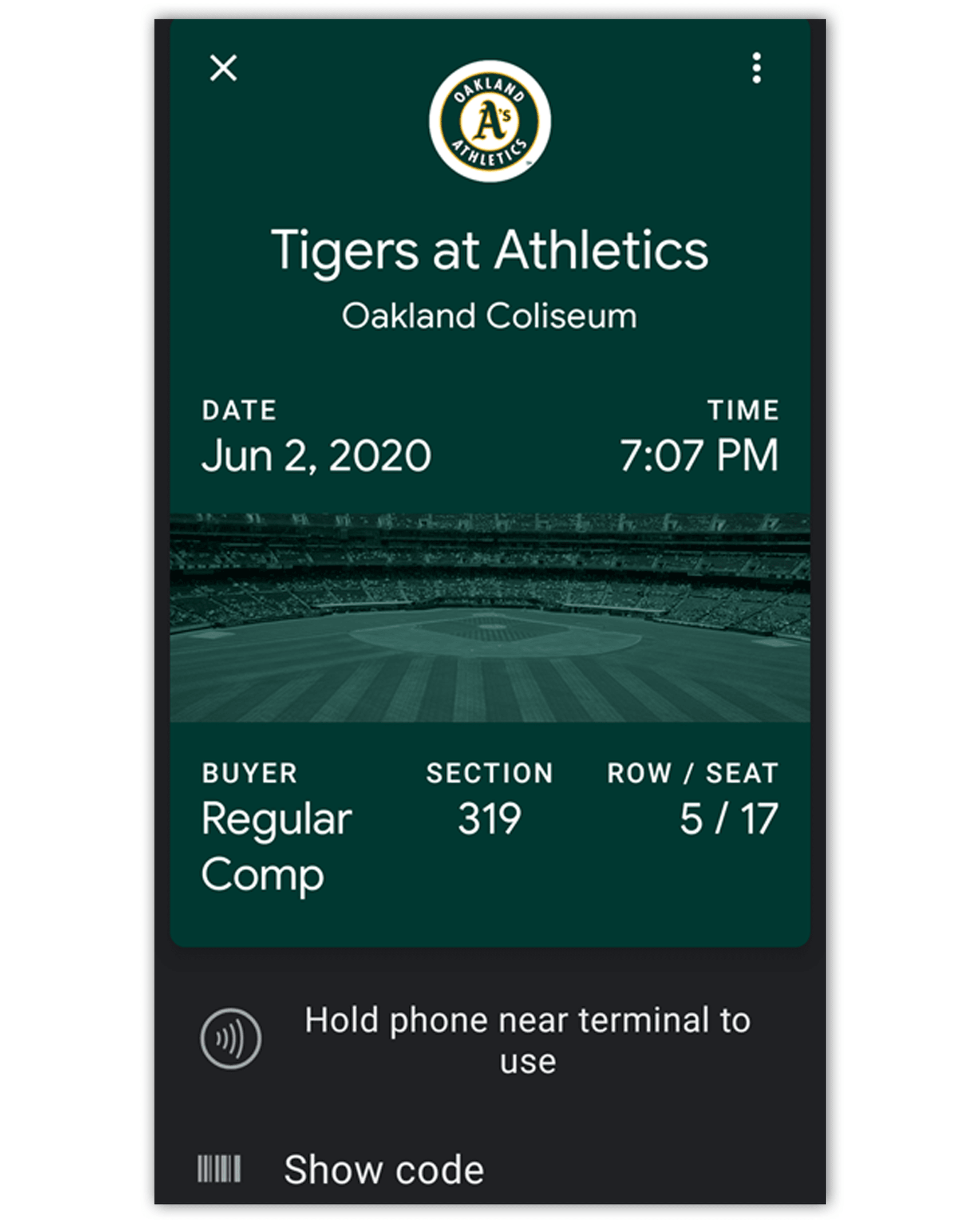 "Front" of Google Pay Ticket