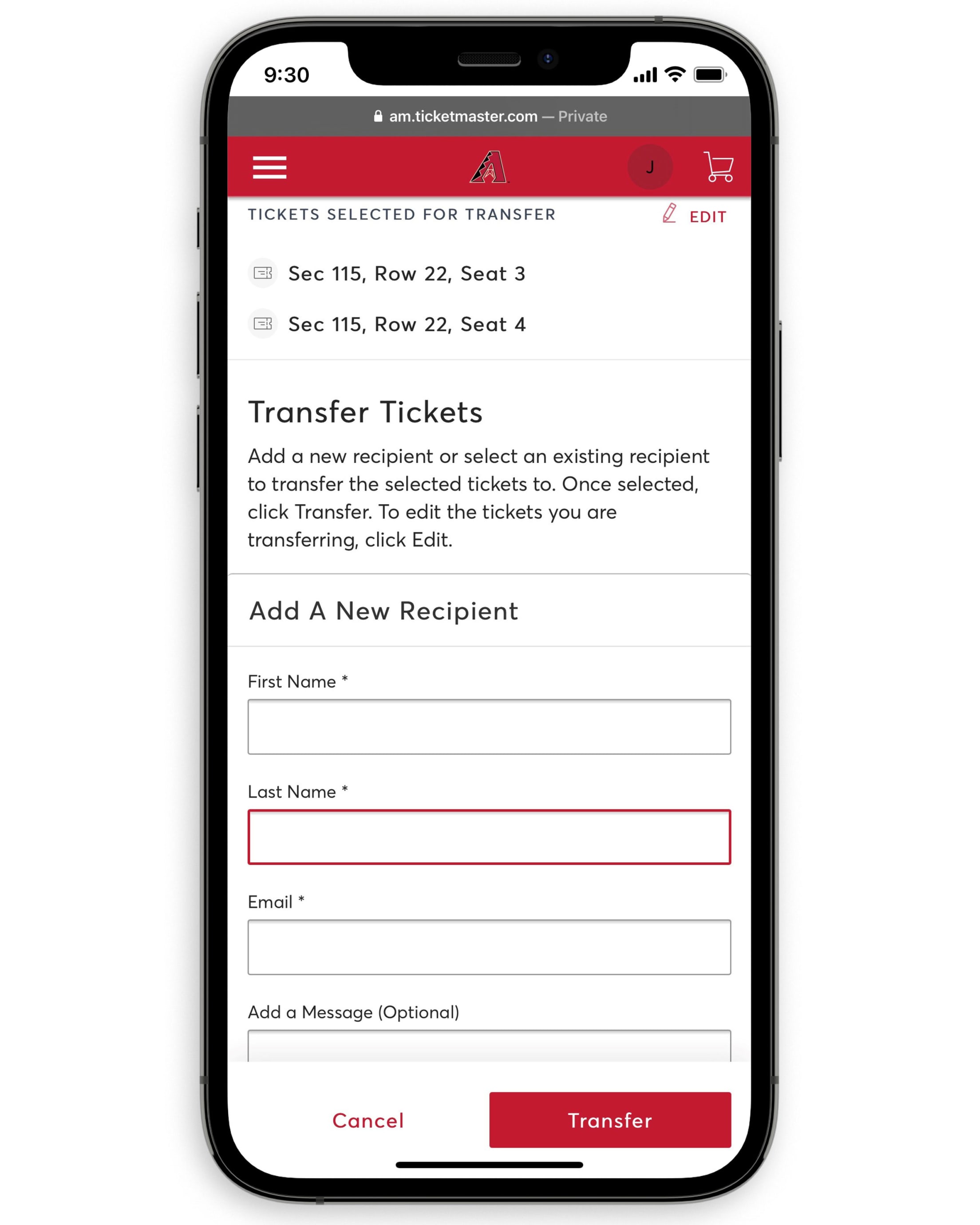 Add recipient information and click the red ¡°Transfer¡± button.