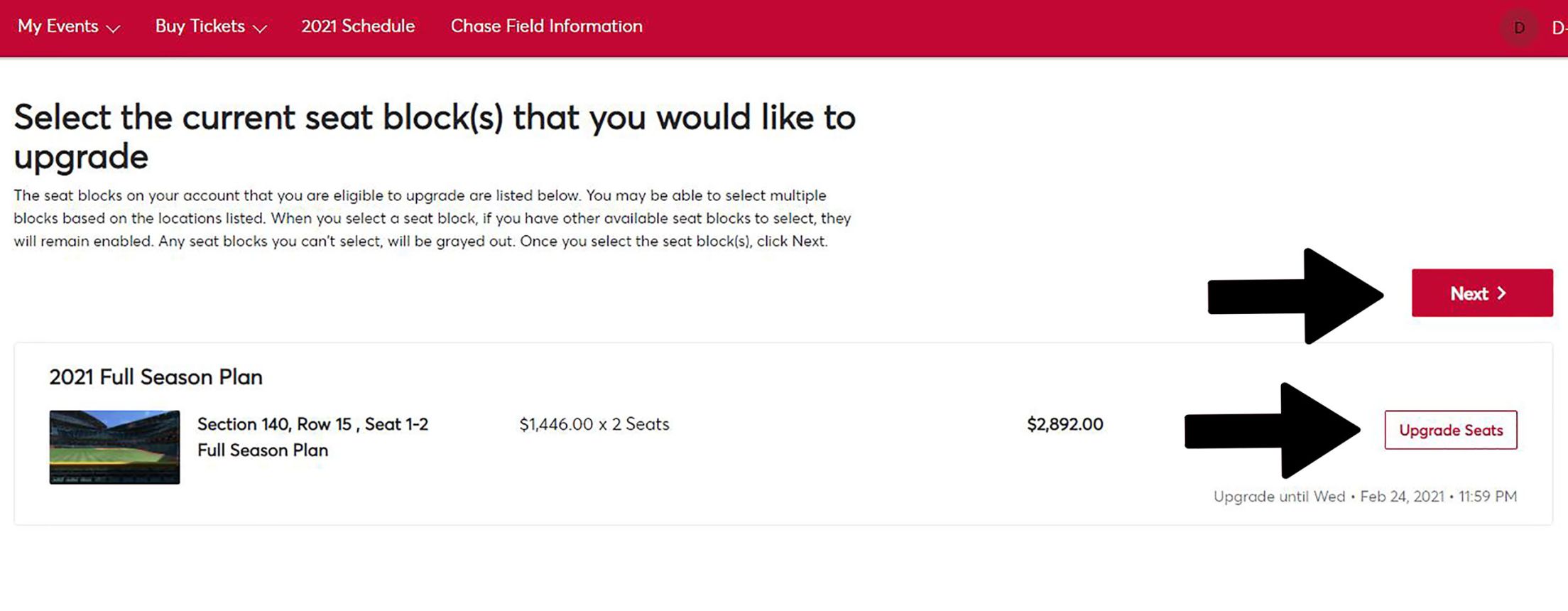 Upgrade Seats and Next buttons