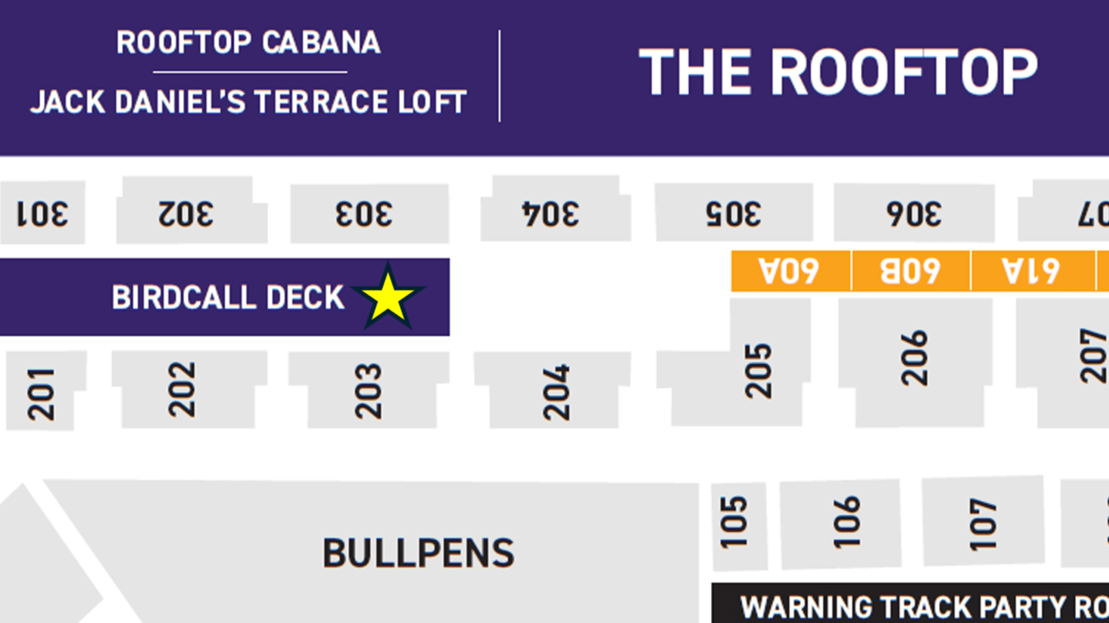 Map of Coors Field’s Rooftop showing the Birdcall Deck—highlighted with a yellow star—just steps from the lively bar and social spaces.