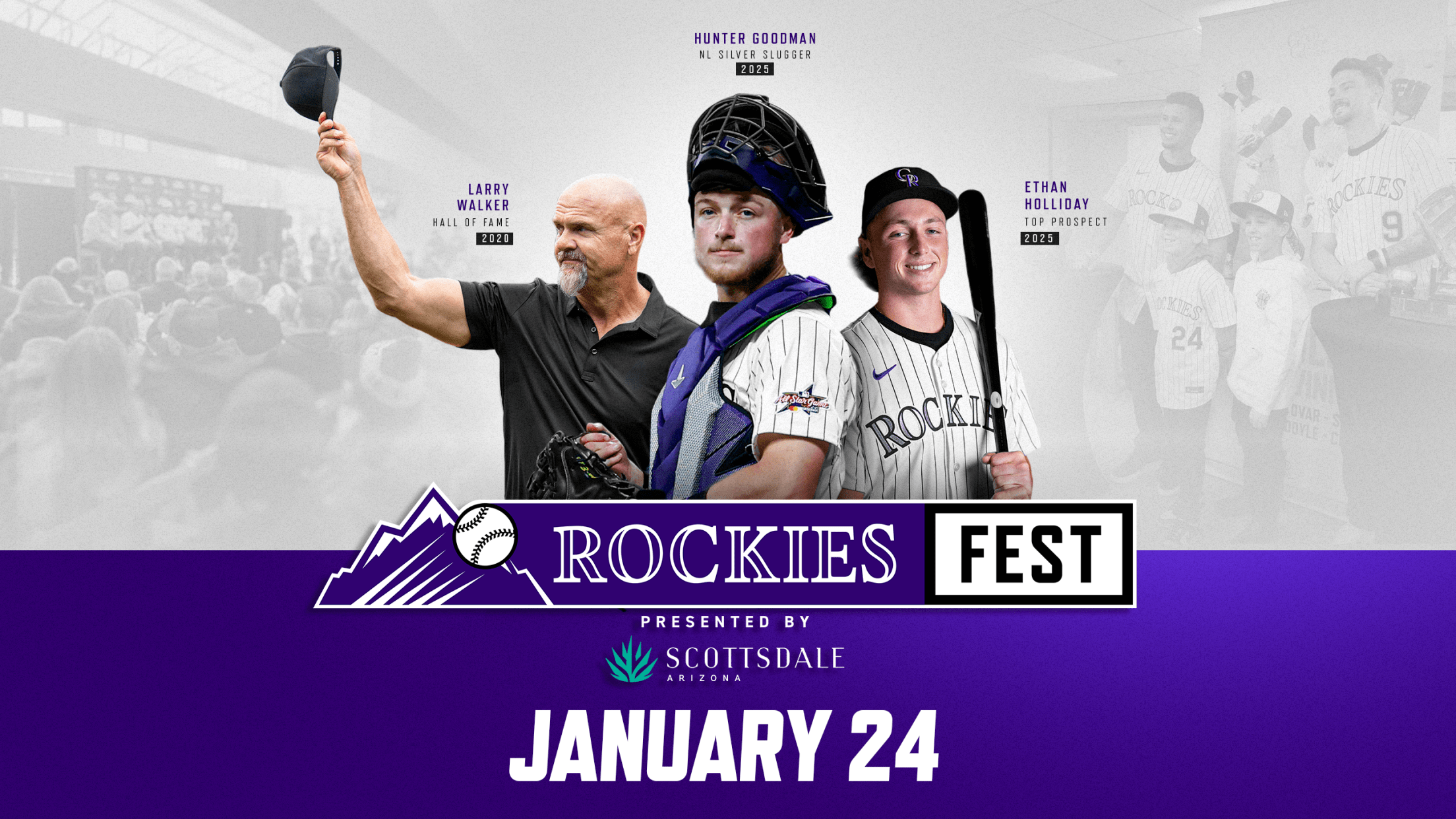 Rockies Fest is January 24 at Coors Field. Special appearances include Hall of Famer Larry Walker, catcher Hunter Goodman and prospect Ethan Holliday. Rockies Fest is presented by Visit Scottsdale.