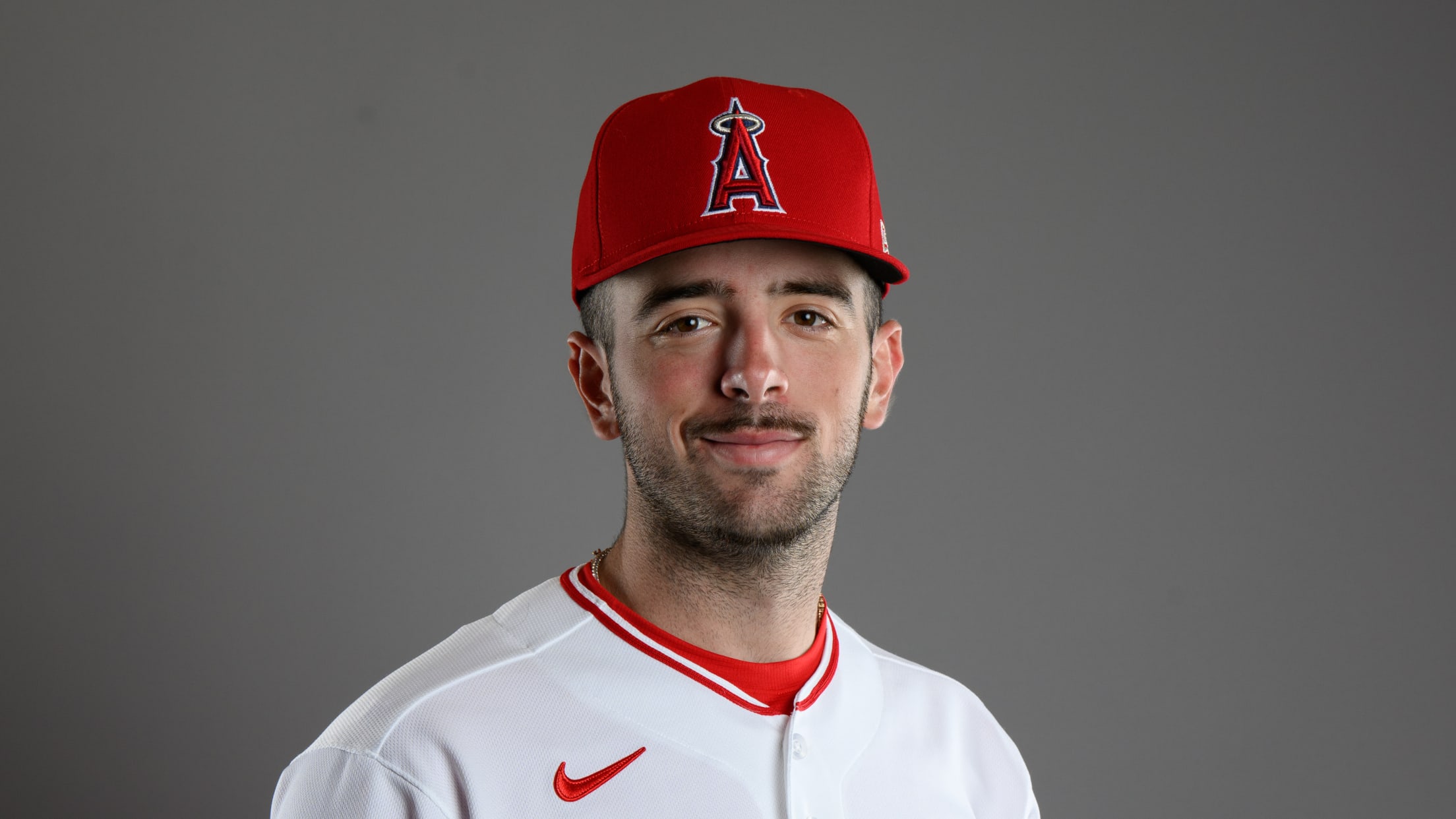 Zach Neto poses for a portrait in his Los Angeles Angels uniform.