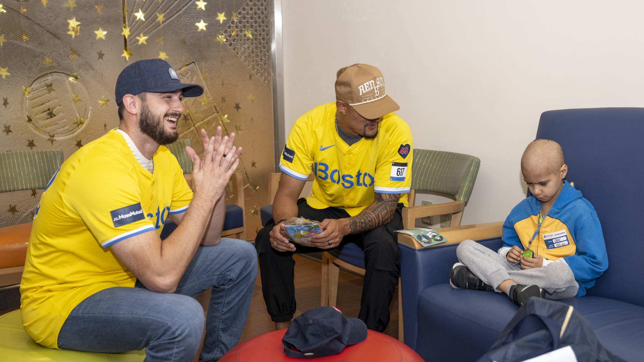 Garrett Whitlock visits a patient as a Jimmy Fund Captain.