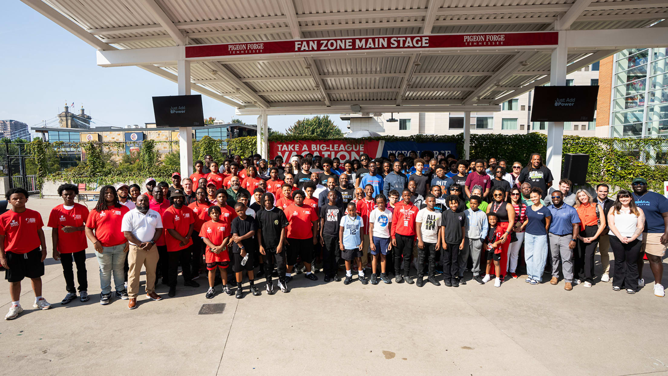My Brother’s Keeper group posing in Fan Zone at Great American Ball Park.