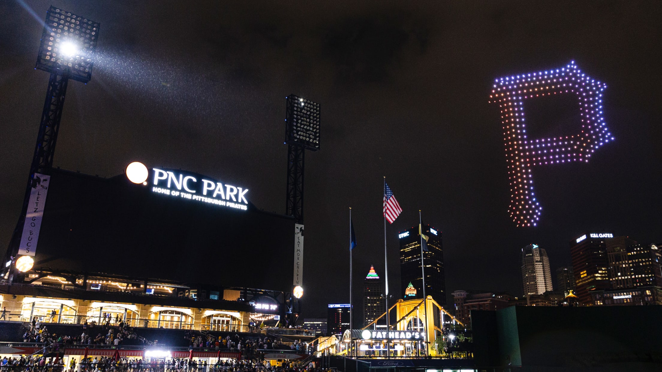 Drone show over PNC Park at night