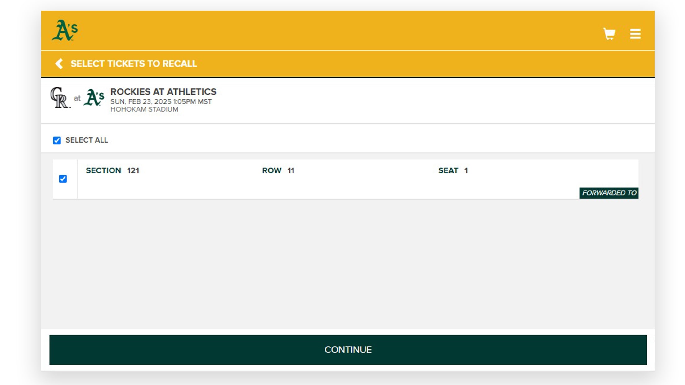 Select tickets & click "CONTINUE"