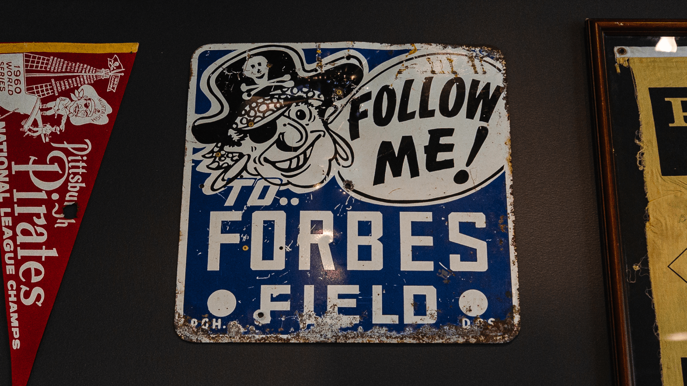 Follow Me to Forbes Field metal sign from 1960