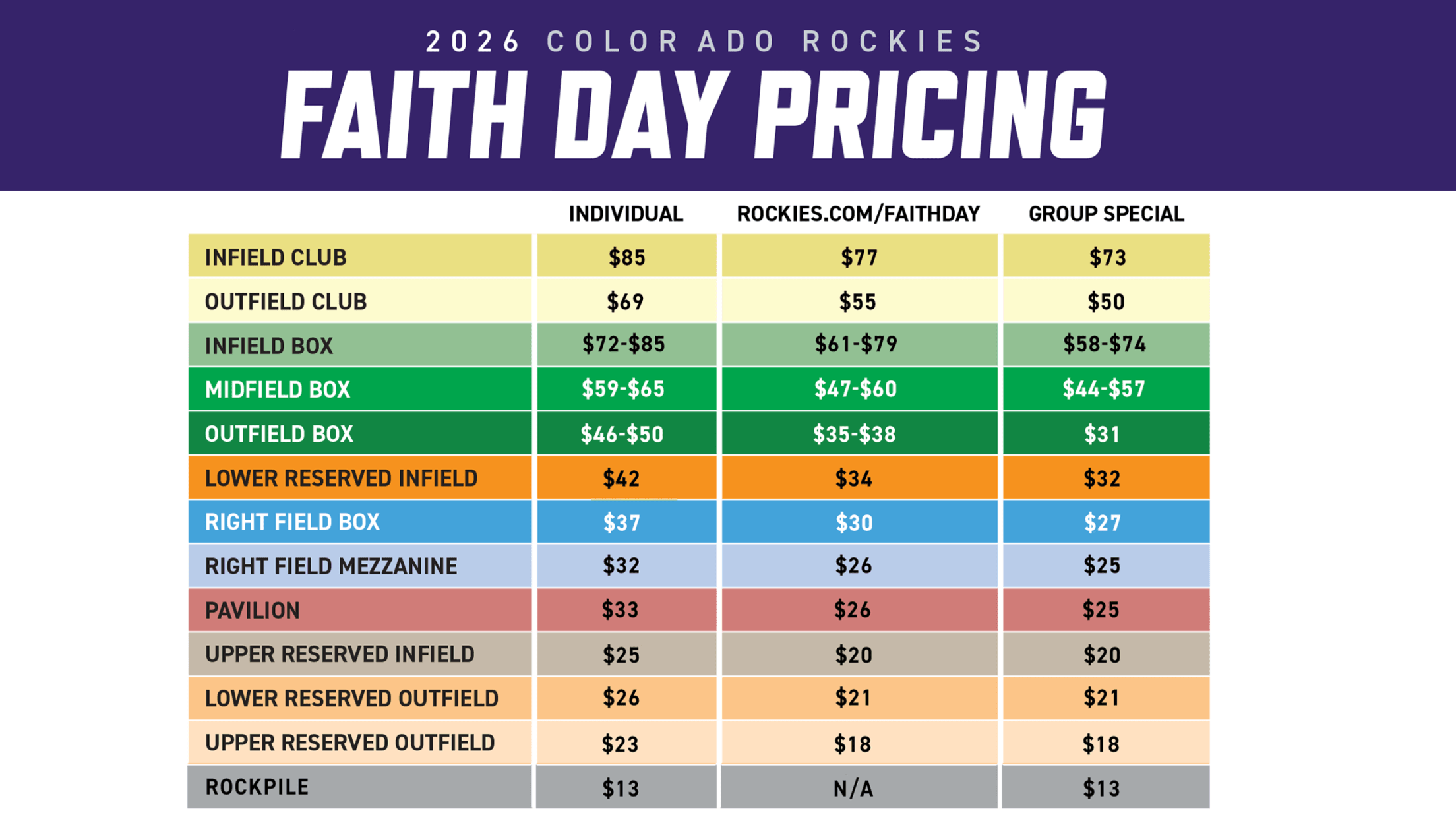 Faith Day 2026 Individual and Group Pricing Grid