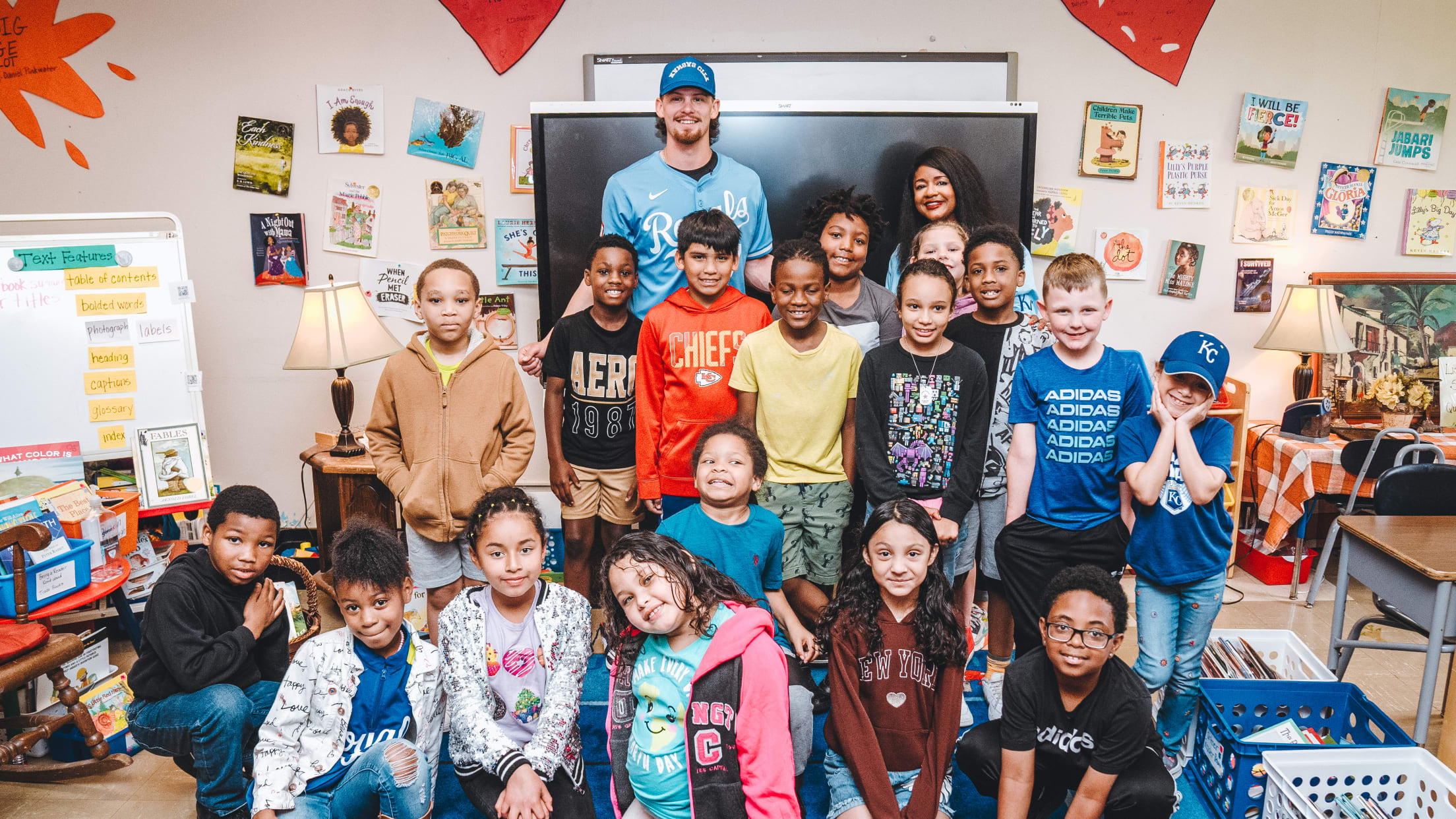 Bobby Witt Jr. takes a group photo with students from Ingels Elementary School.