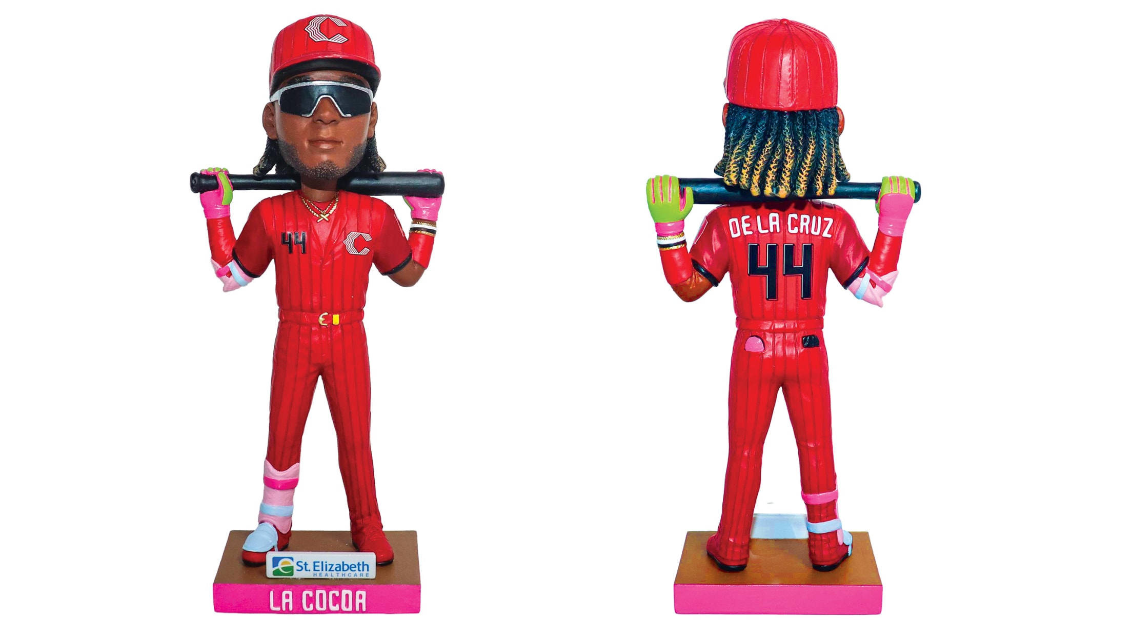 Elly De La Cruz bobblehead in red City Connect 2.0 uniform wearing shades with LA COCOA on base