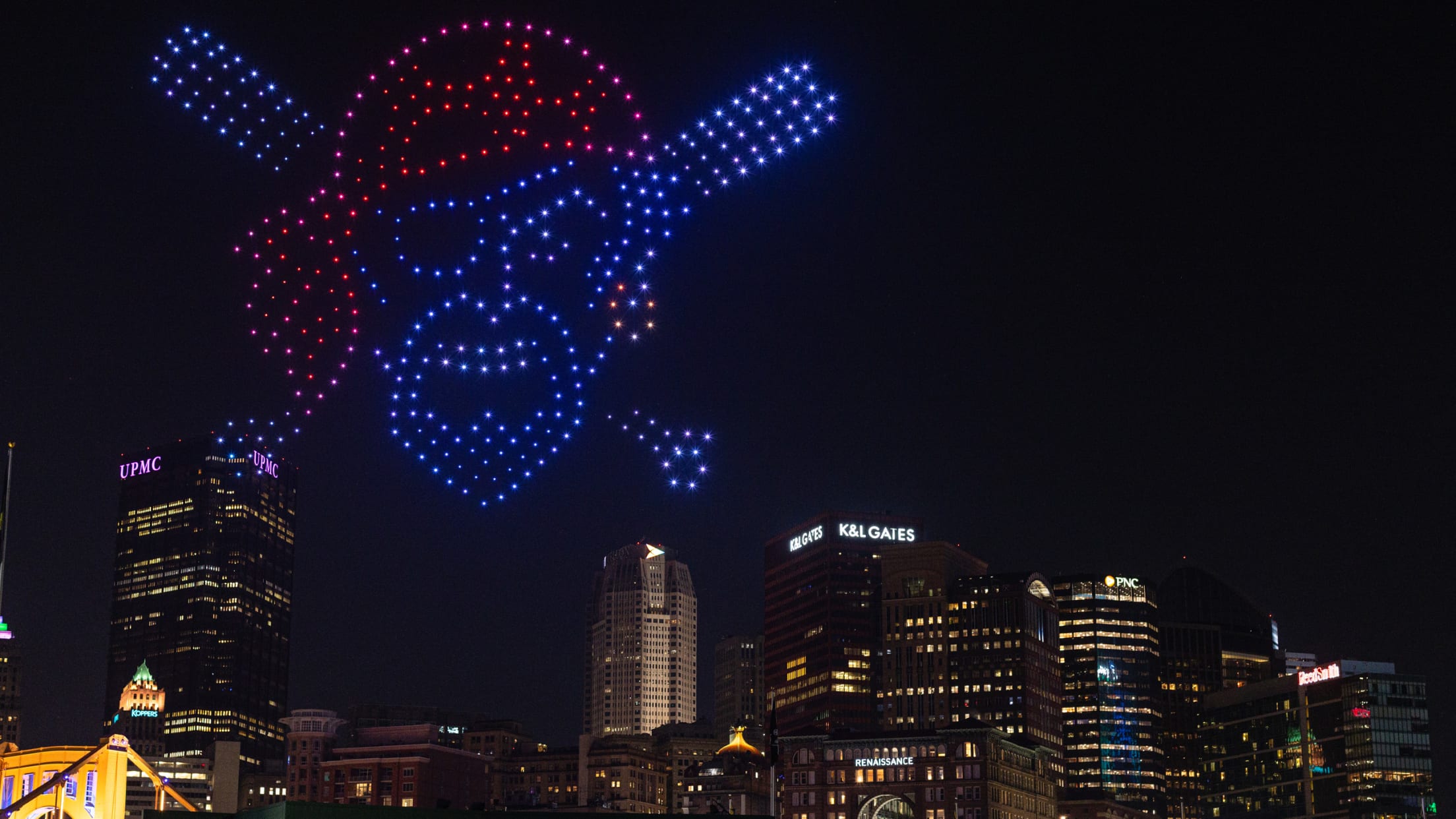 Pirates logo drone show over Pittsburgh skyline