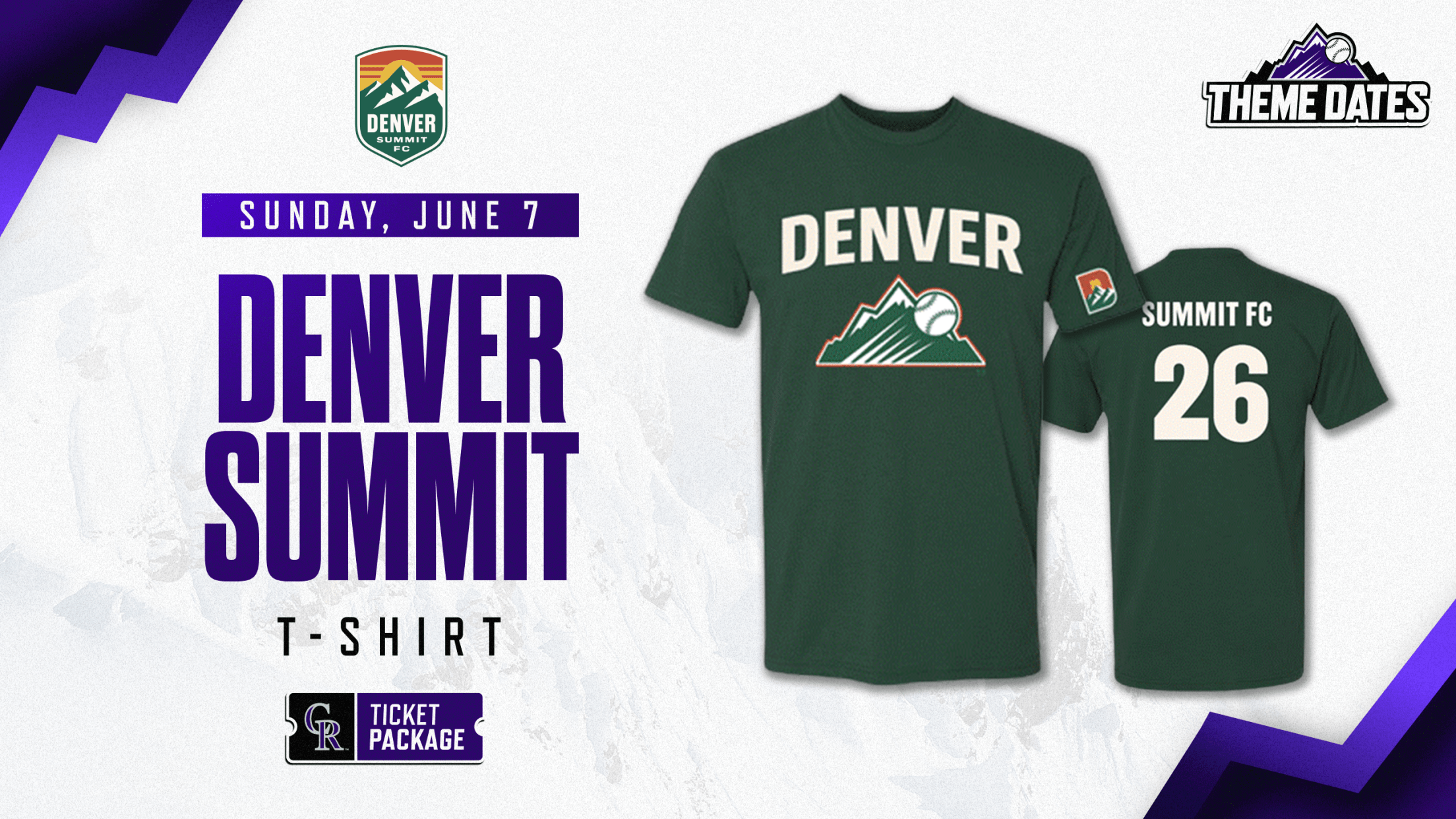 Purchase Denver Summit FC ticket package on Sunday, June 7 to receive limited-edition Denver Summit x Rockies themed t-shirt