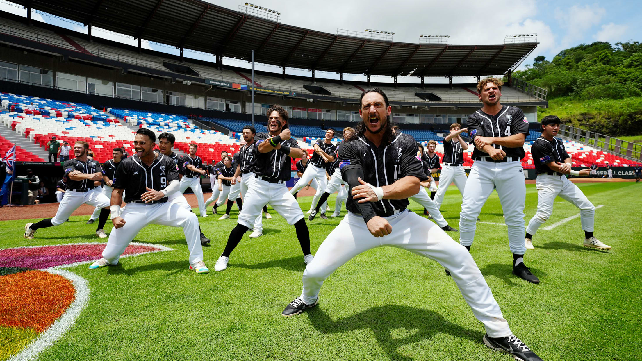 Members of the New Zealand team do the Haka before a game in the 2022 World Baseball Classic qualifiers in Panama City.