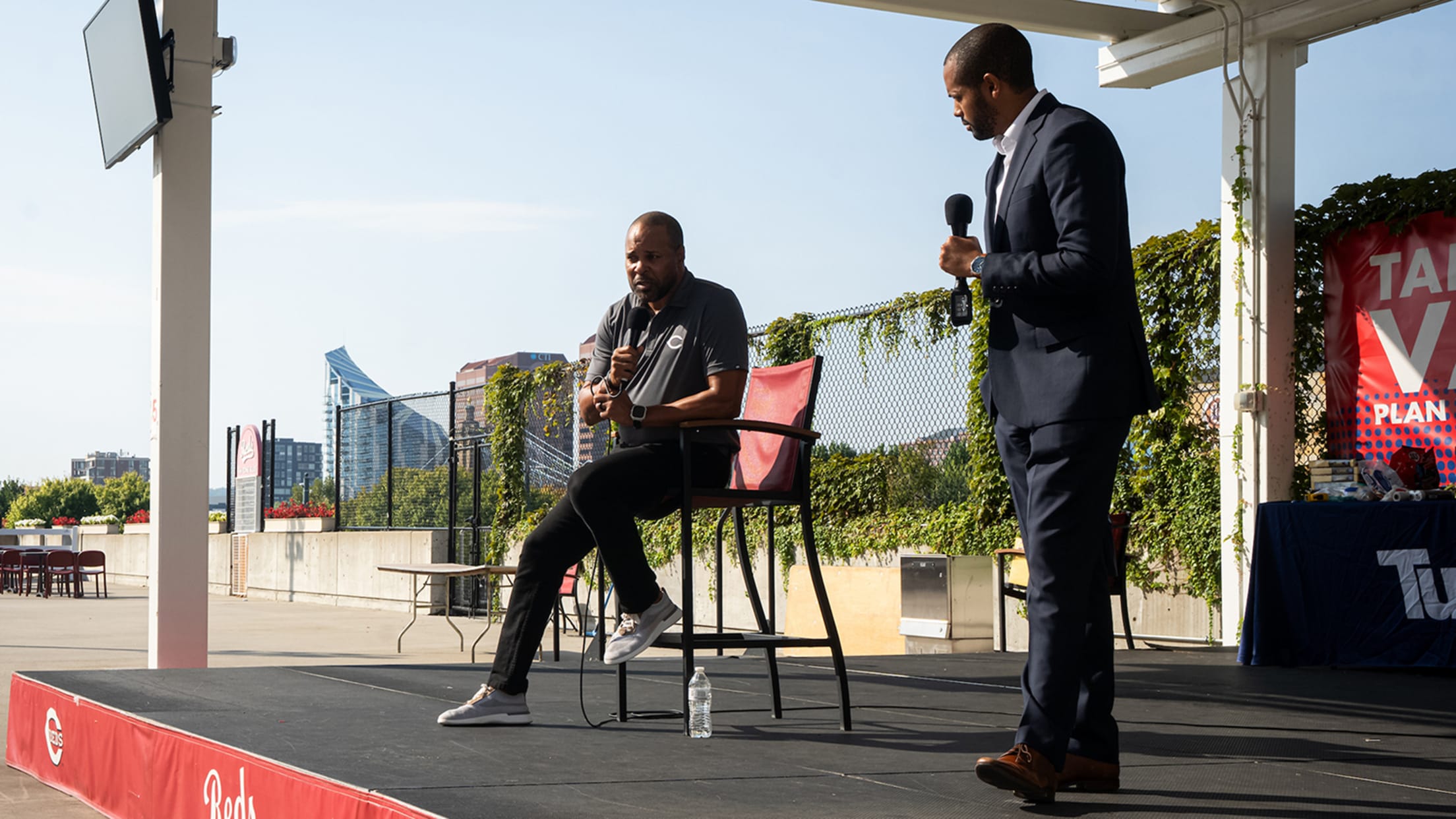 Reds and National Baseball Hall of Famer Barry Larkin on Fan Zone stage speaking to the My Brother’s Keeper group.