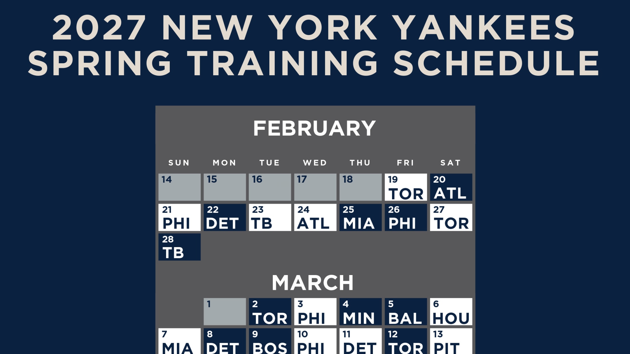 2027 New York Yankees Spring Training Schedule