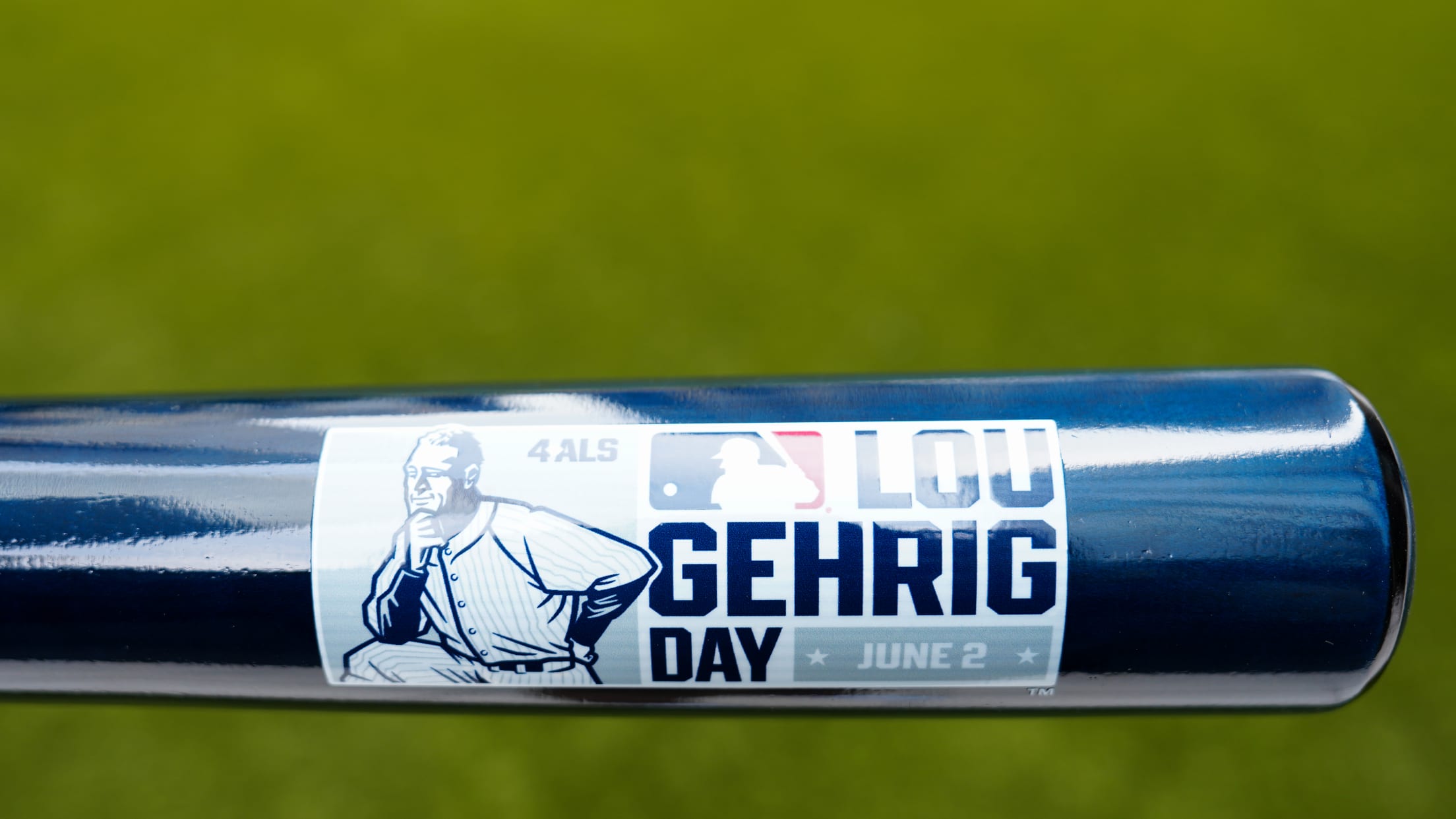 Lou Gehrig Day logo on a blue bat.