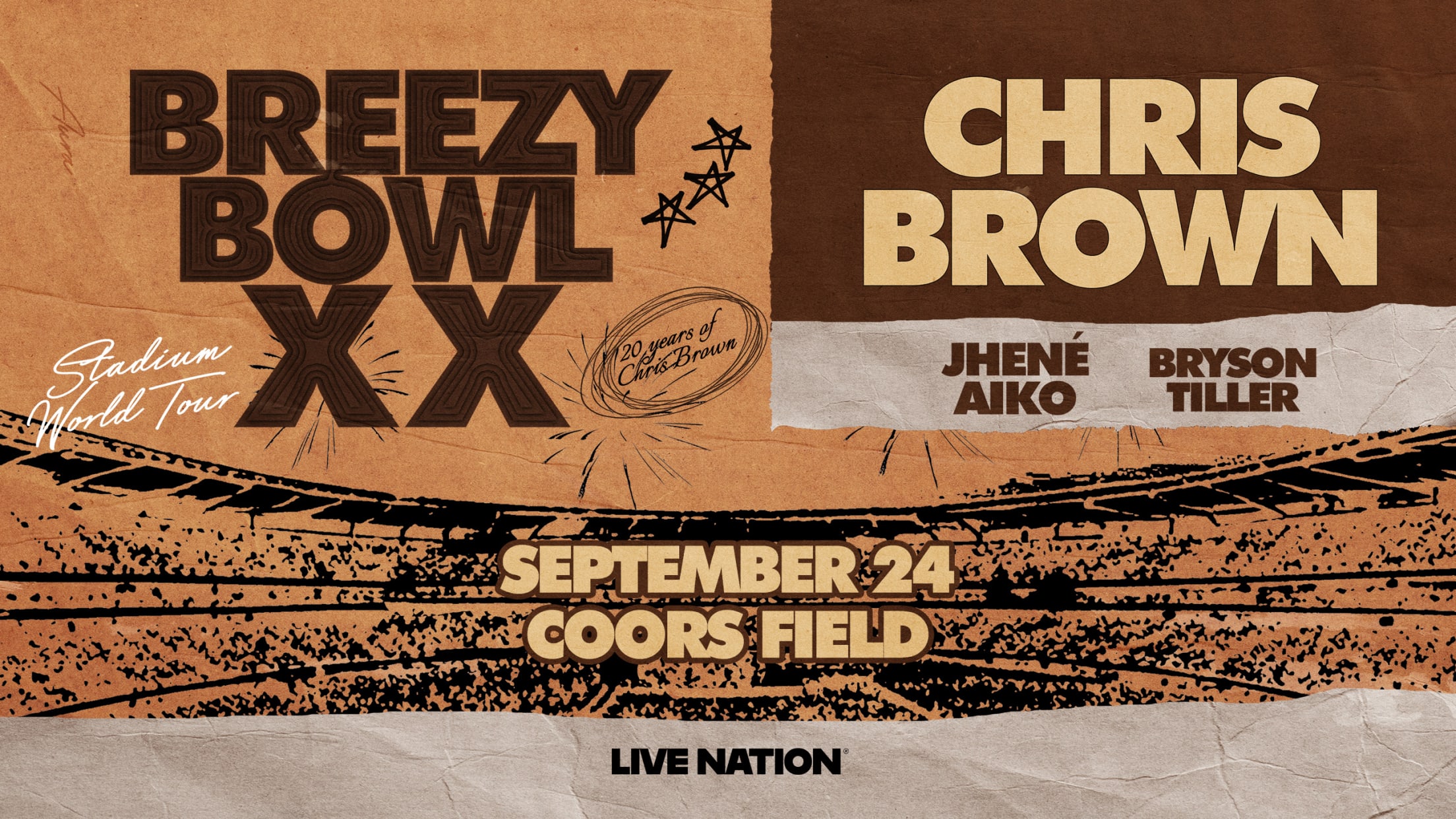 Chris Brown's Breezy Bowl XX Tour poster with Jhené Aiko and Bryson Tiller, live at Coors Field on September 24.