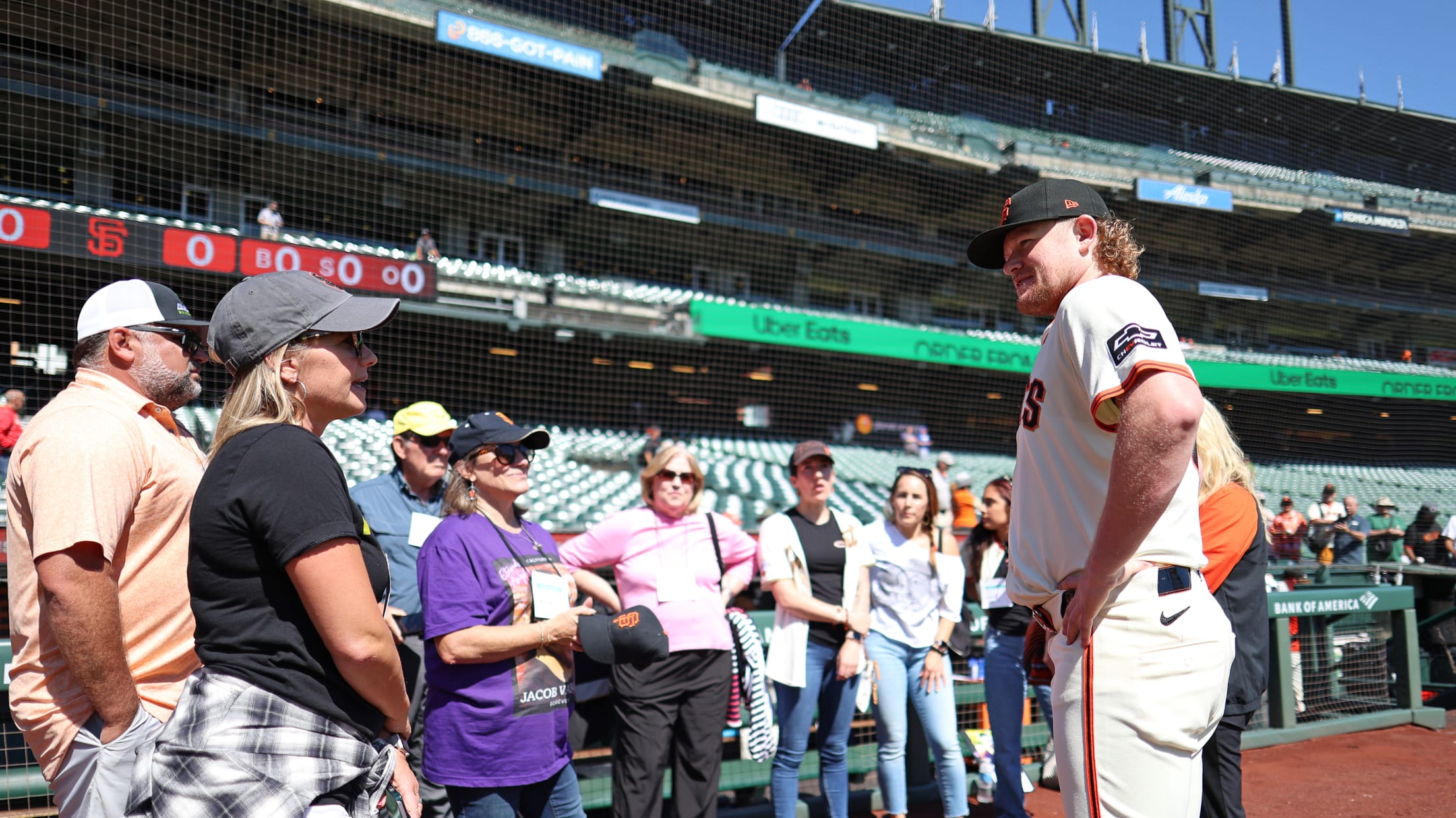 Logan Webb hangs out with a group of fans at Oracle Park.