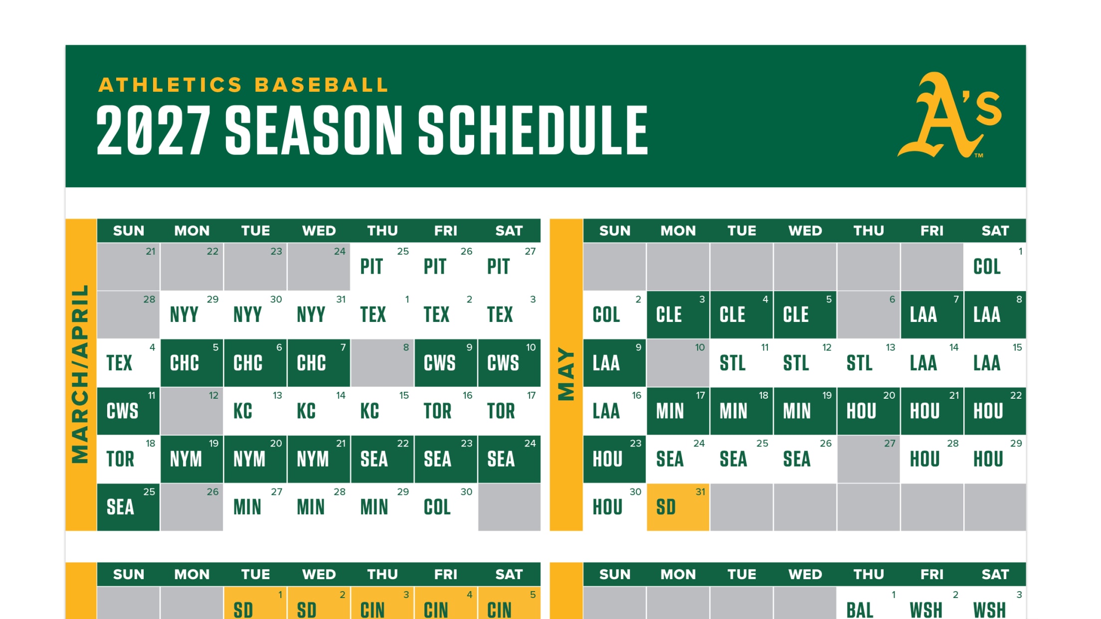 Athletics Baseball 2027 Regular Season Schedule