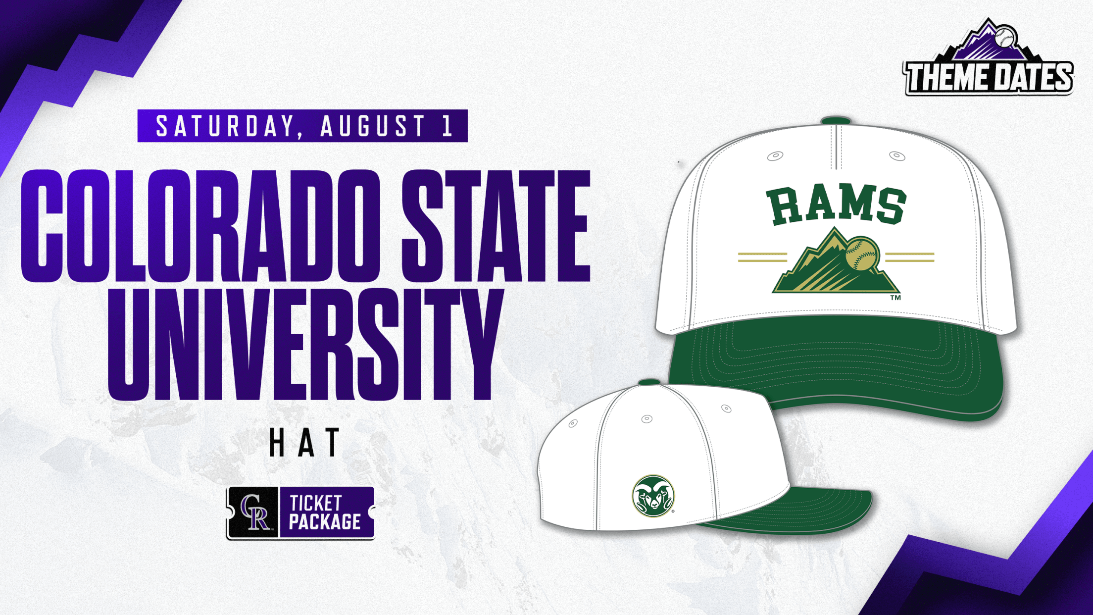 Purchase Colorado State University ticket package on Saturday, August 1 to receive limited-edition Rams-themed Rockies hat
