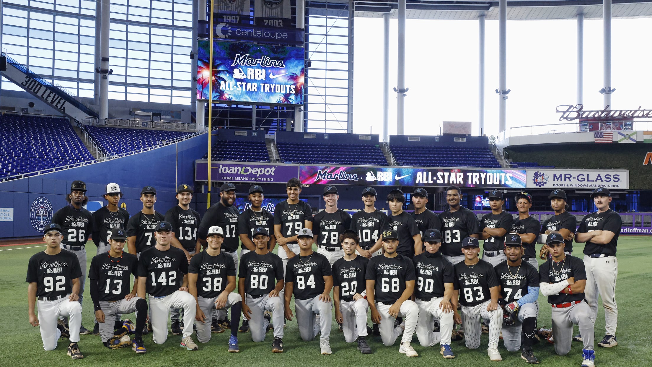 Players take a team photo at the Nike RBI All-Star tryouts.