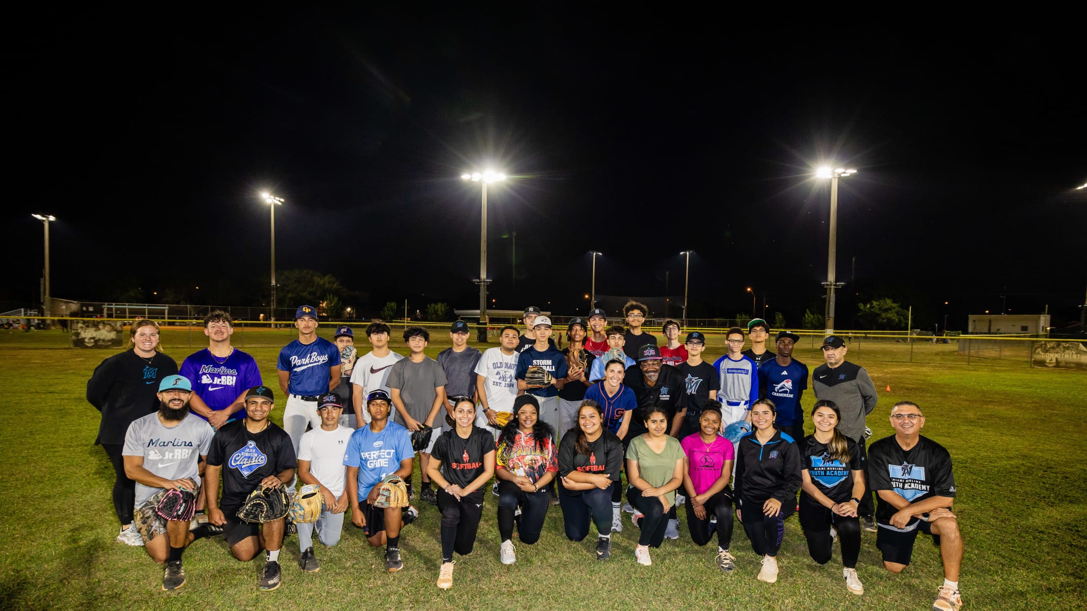 Players pose for a group photo at the Marlins Youth Academy Nike RBI Winter Development Clinic.