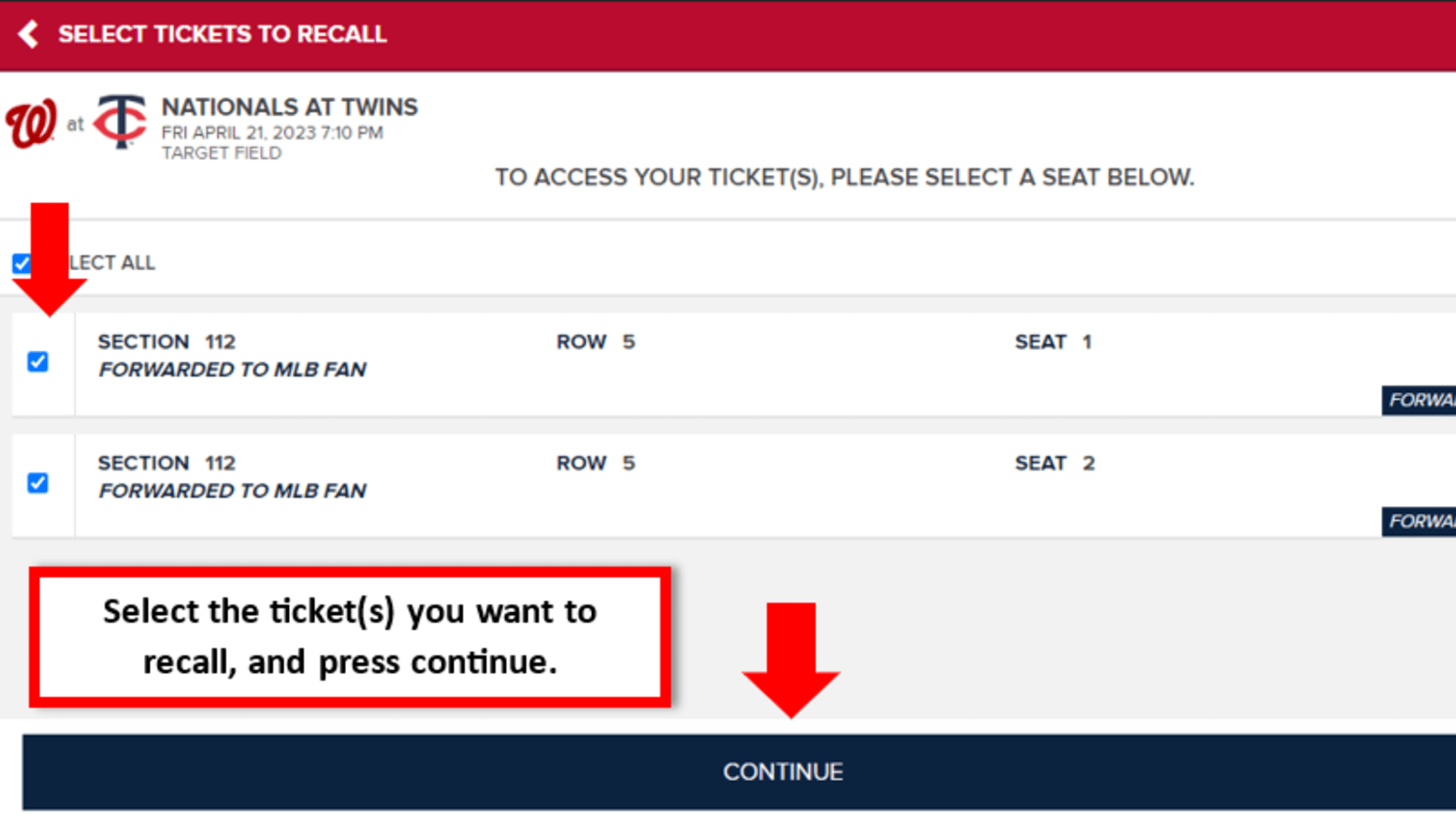 Select the ticket(s) you want to recall, and press continue