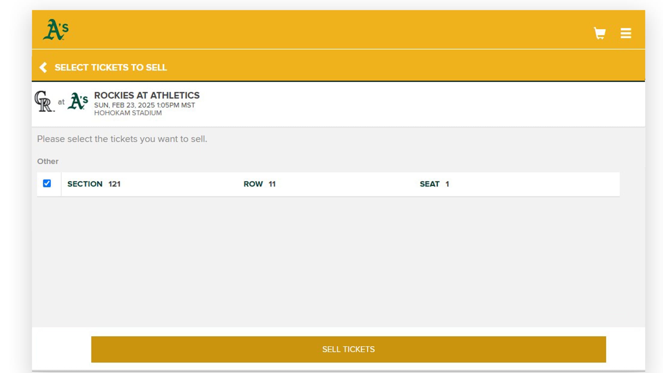 Select ticket(s) to sell and click "SELL TICKETS"