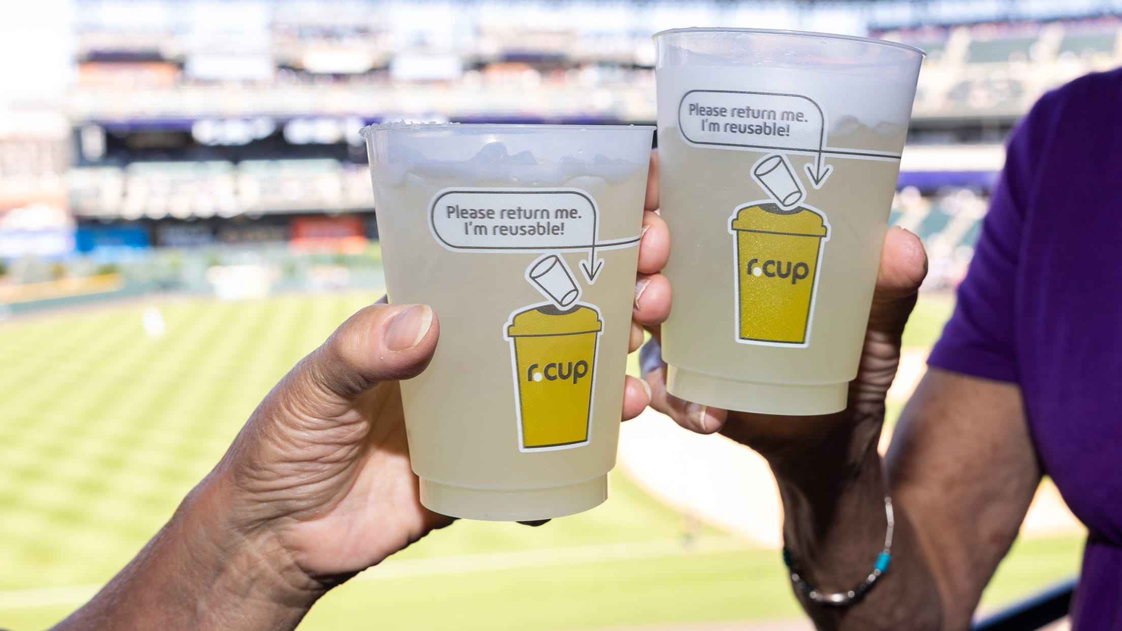 Reusable cubs displayed at Coors Field