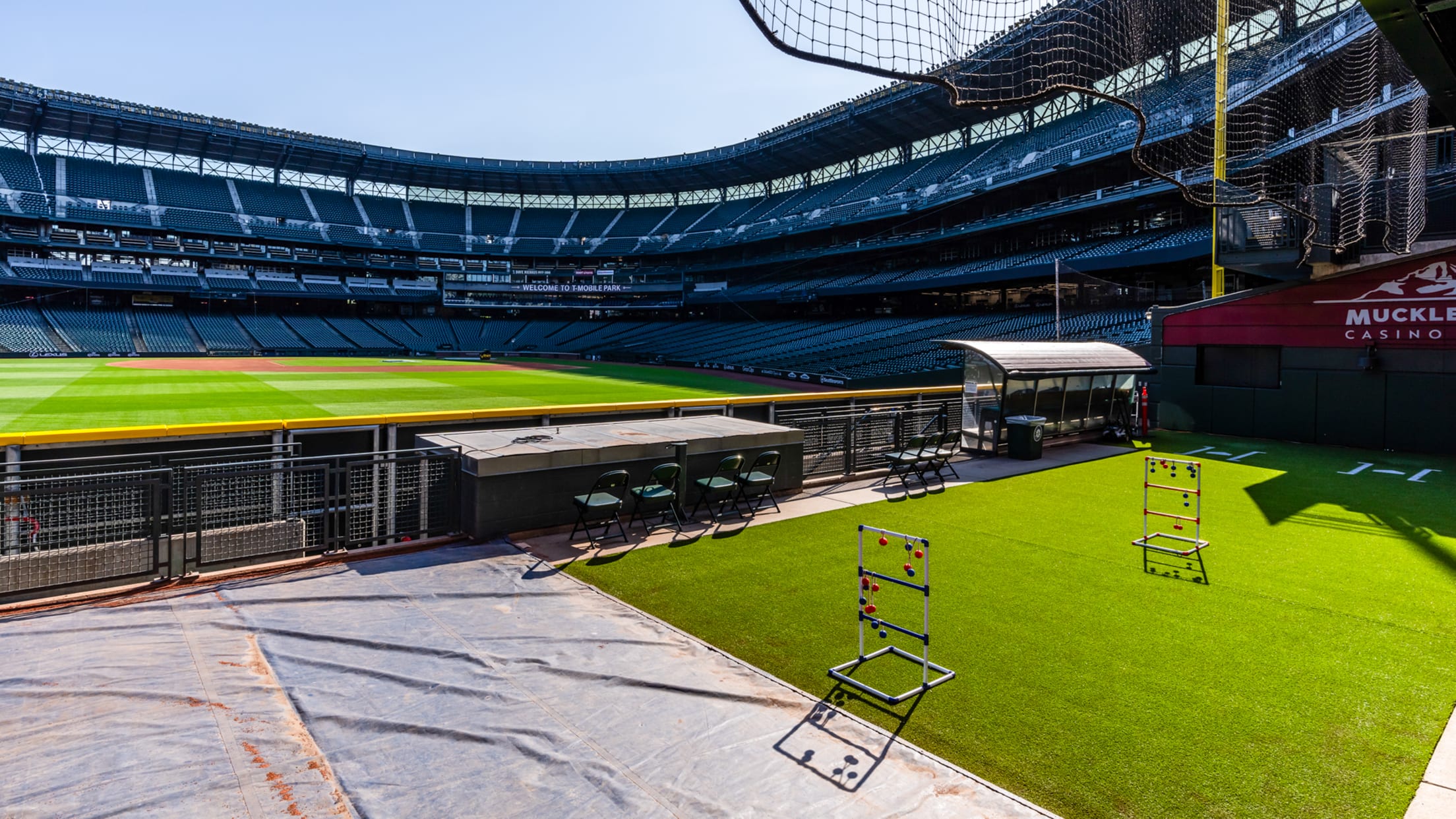 Image of bullpen at T-Mobile Park with ladder golf game set up.