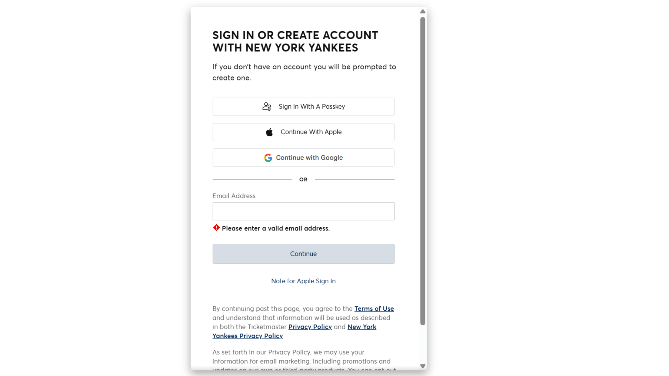 Log in to your My Yankees Account