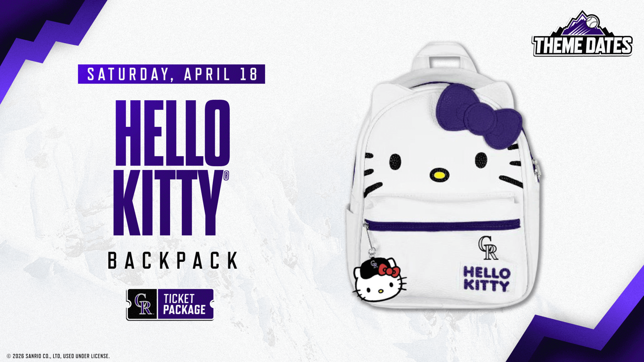 Purchase Hello Kitty® ticket package on Saturday, April 18 to receive limited-edition Hello Kitty®-themed Rockies backpack