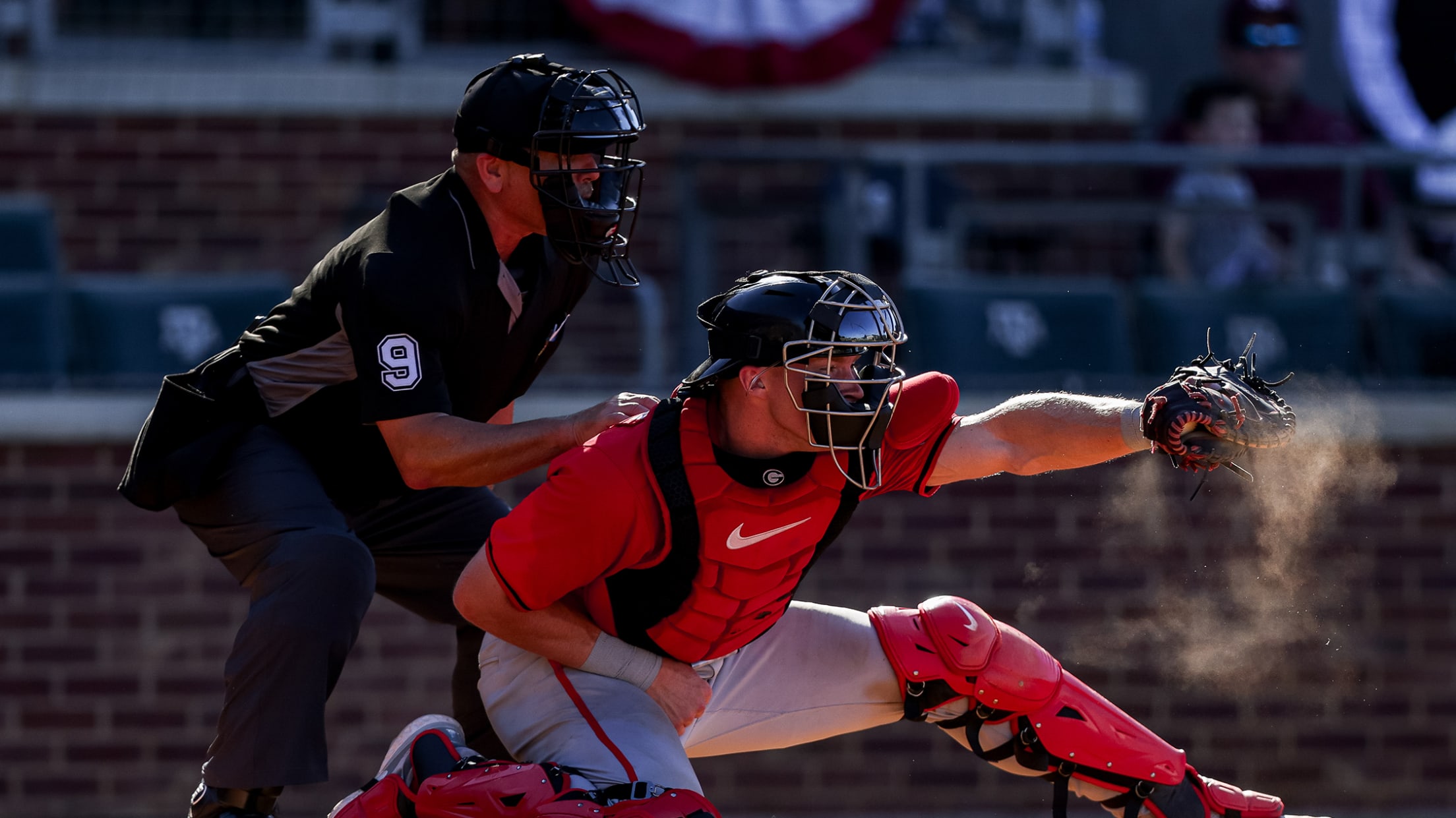 Daniel Jackson catches a pitch behind home plate for Georgia