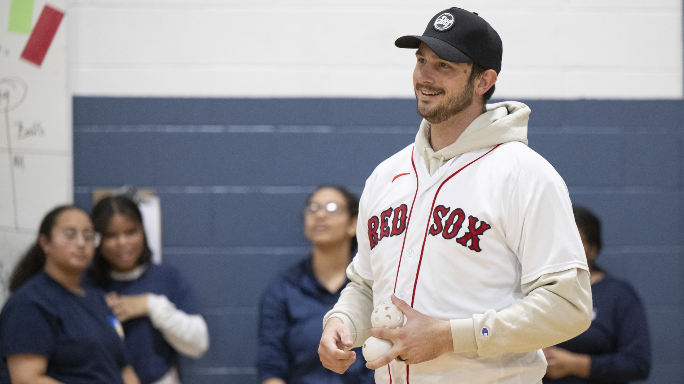 Garrett Whitlock speaks to students at Lawrence Public Schools.