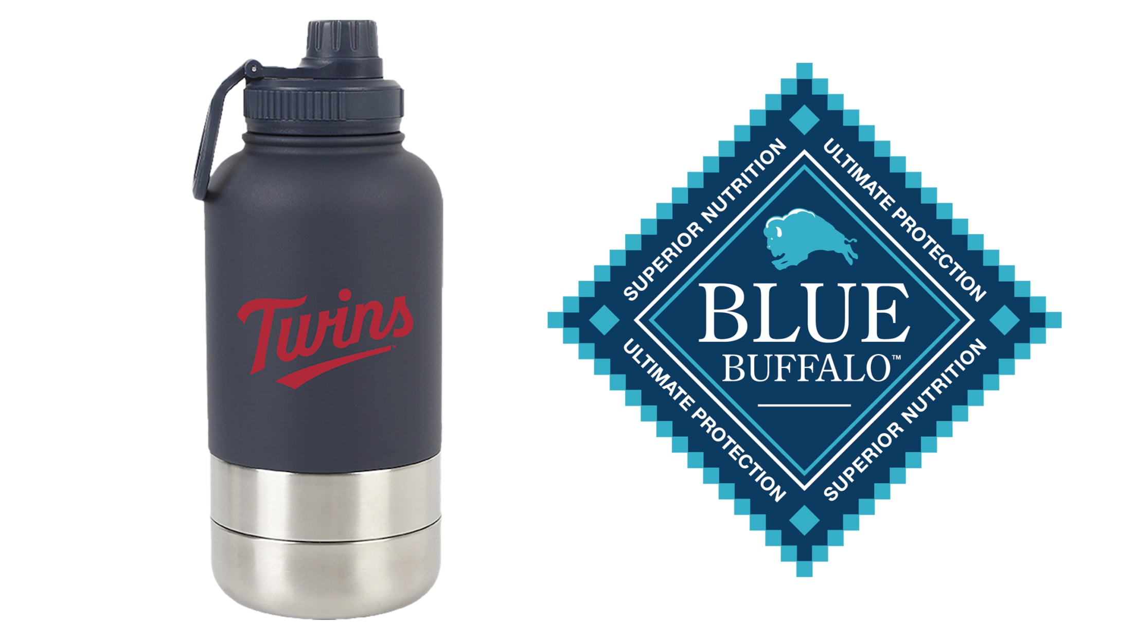 Twins Portable Dog Food and Water Canteen next to Blue Buffalo logo