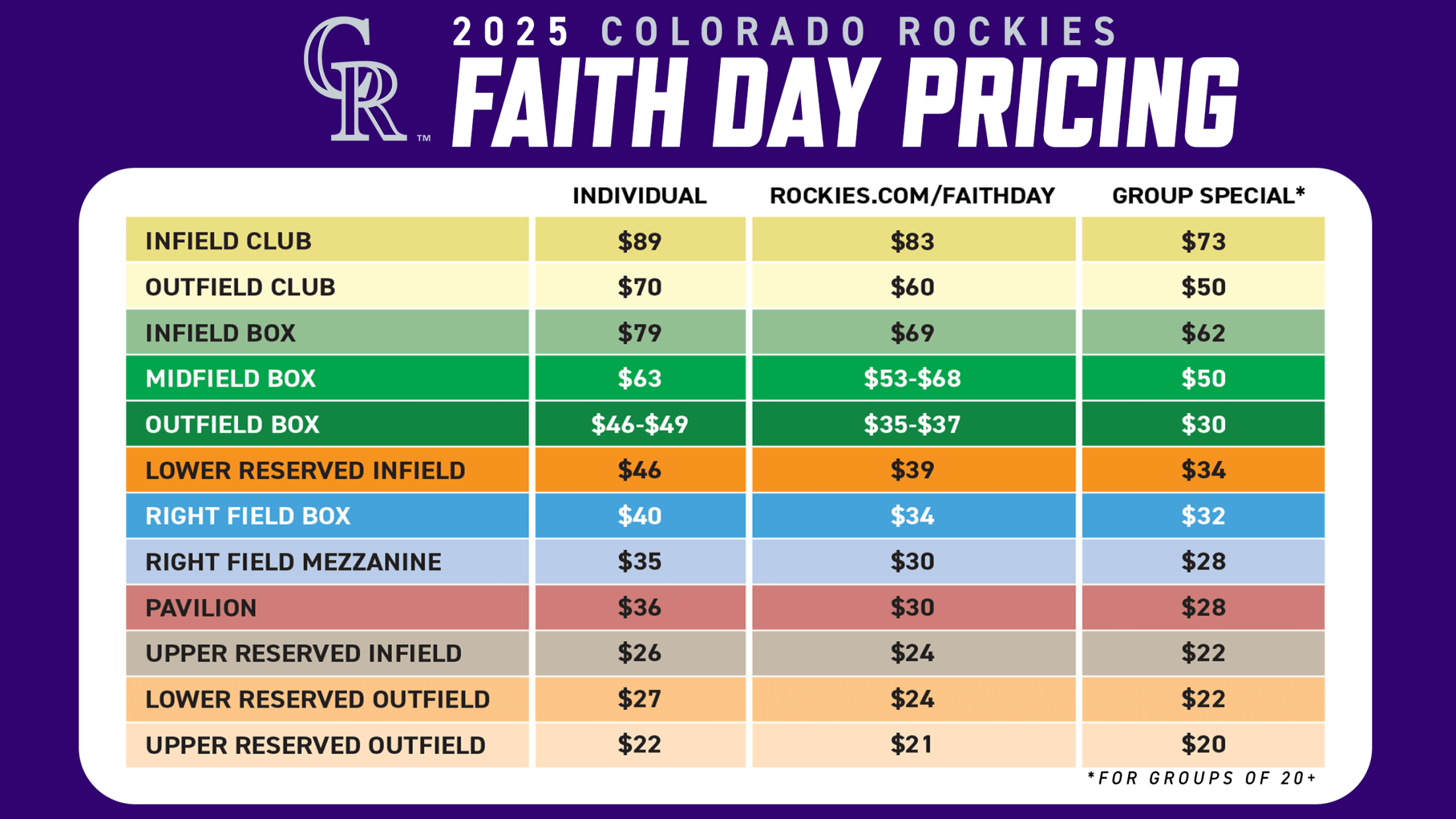 Faith Day 2025 Individual and Group Pricing Grid