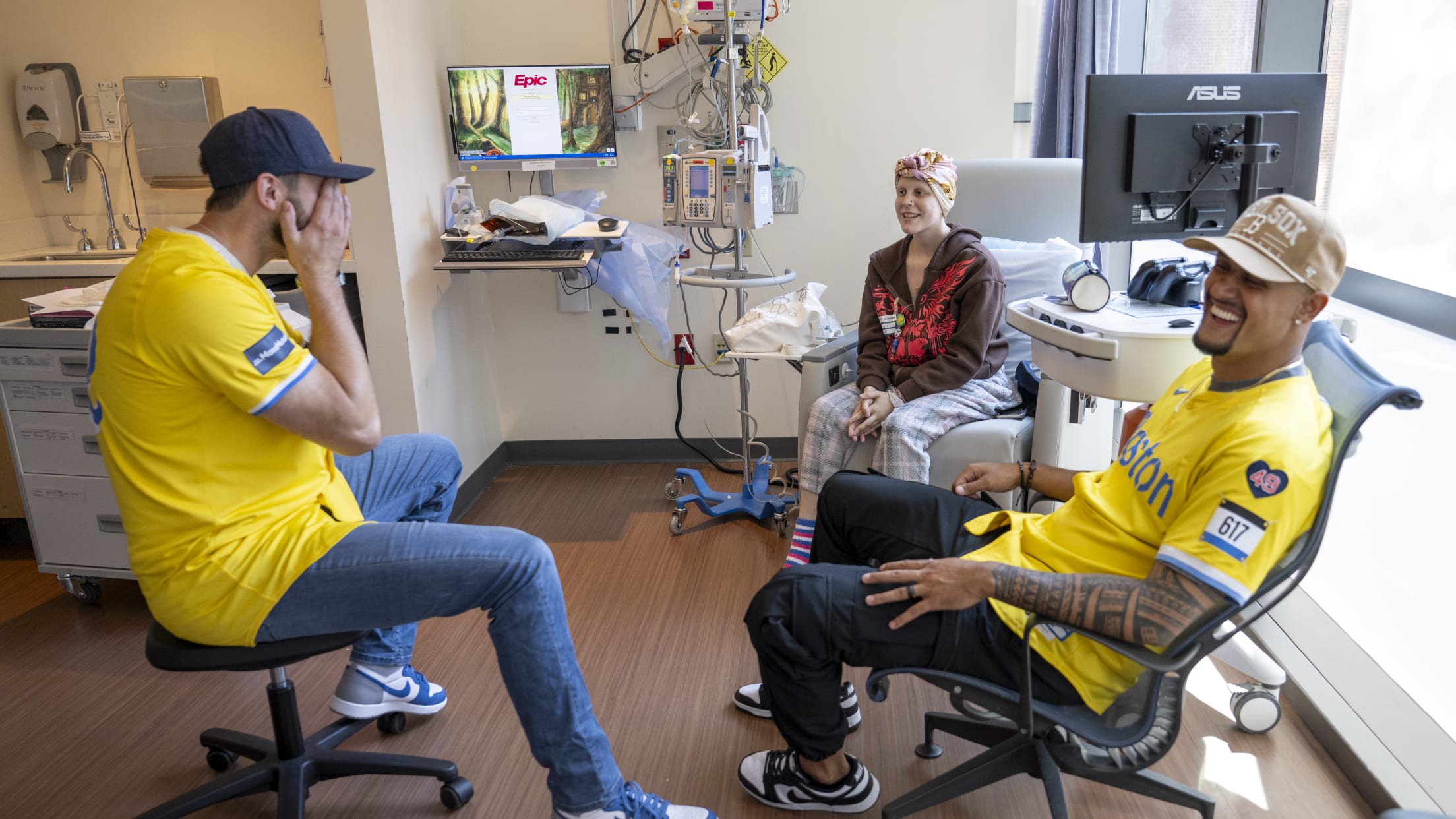 Garrett Whitlock visits a patient as a Jimmy Fund Captain.