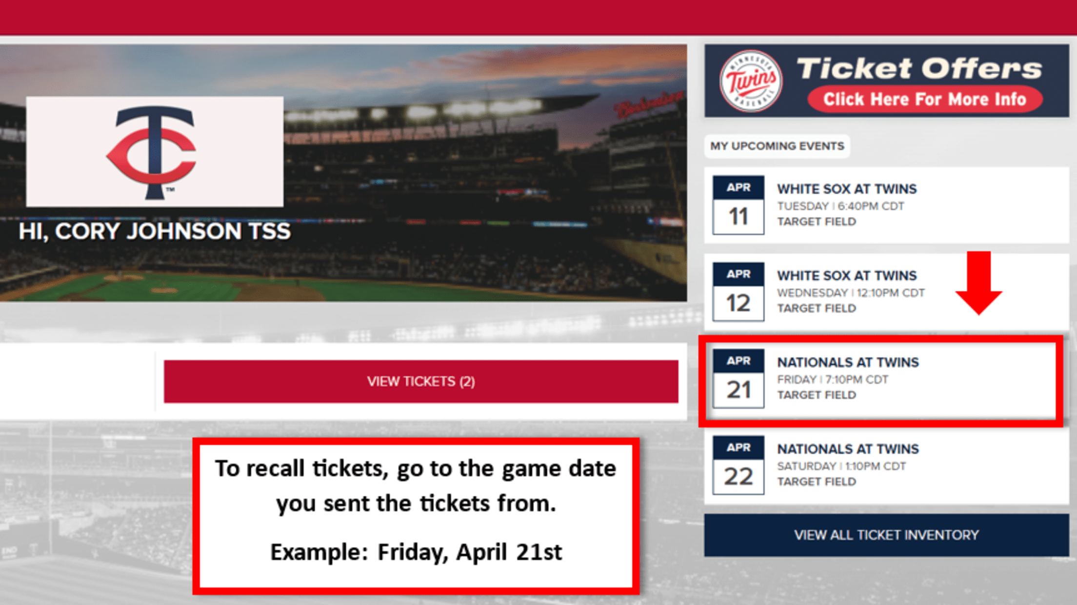 To recall tickets, go to the game date you sent the tickets from