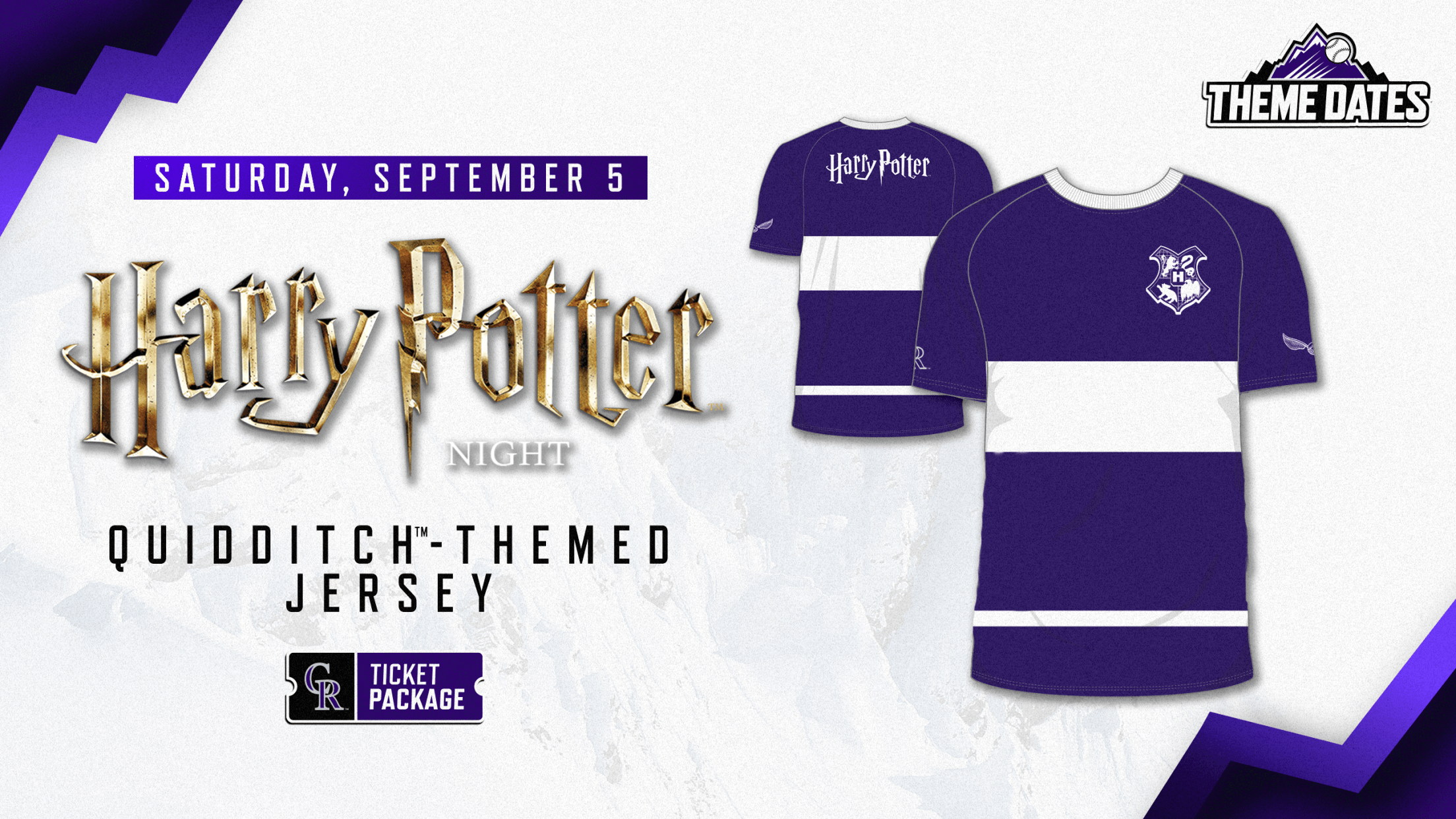Purchase Harry Potter™ ticket package on Saturday, September 5 to receive limited-edition Rockies themed Quidditch™ jersey