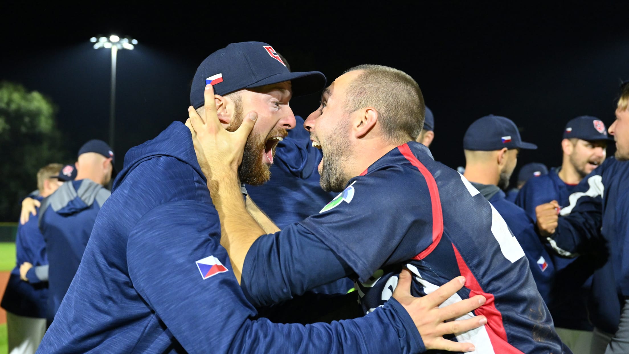 The Czech Republic team celebrates in Regensburg after qualifying for the 2023 World Baseball Classic.