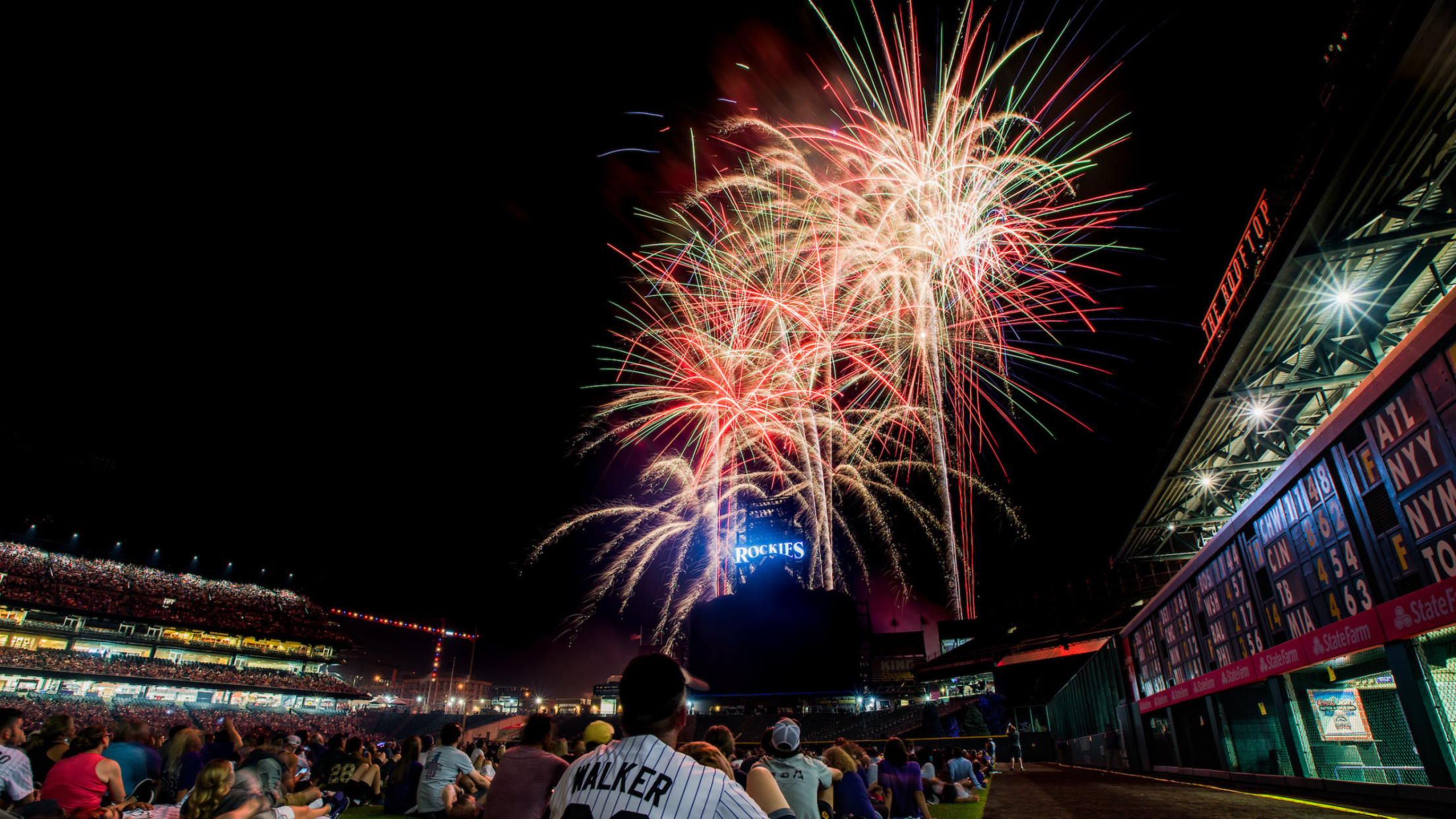Fireworks behind scoreboard at Coors Field